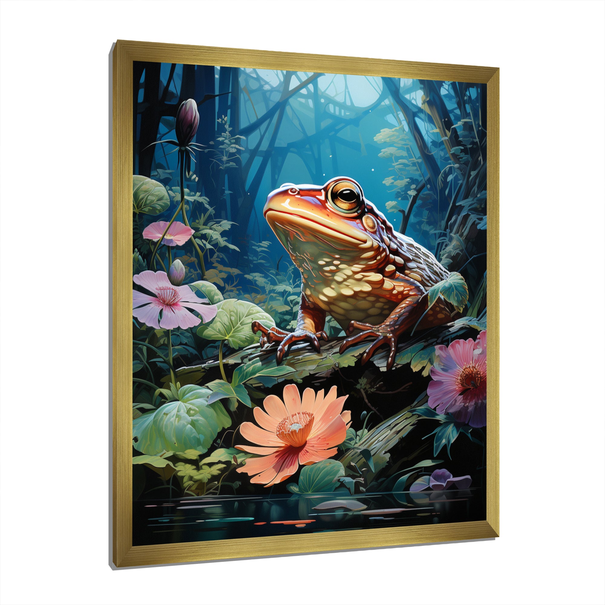 Japan Art Frog at Lotus Pond Reflection - Frog Wall Decor