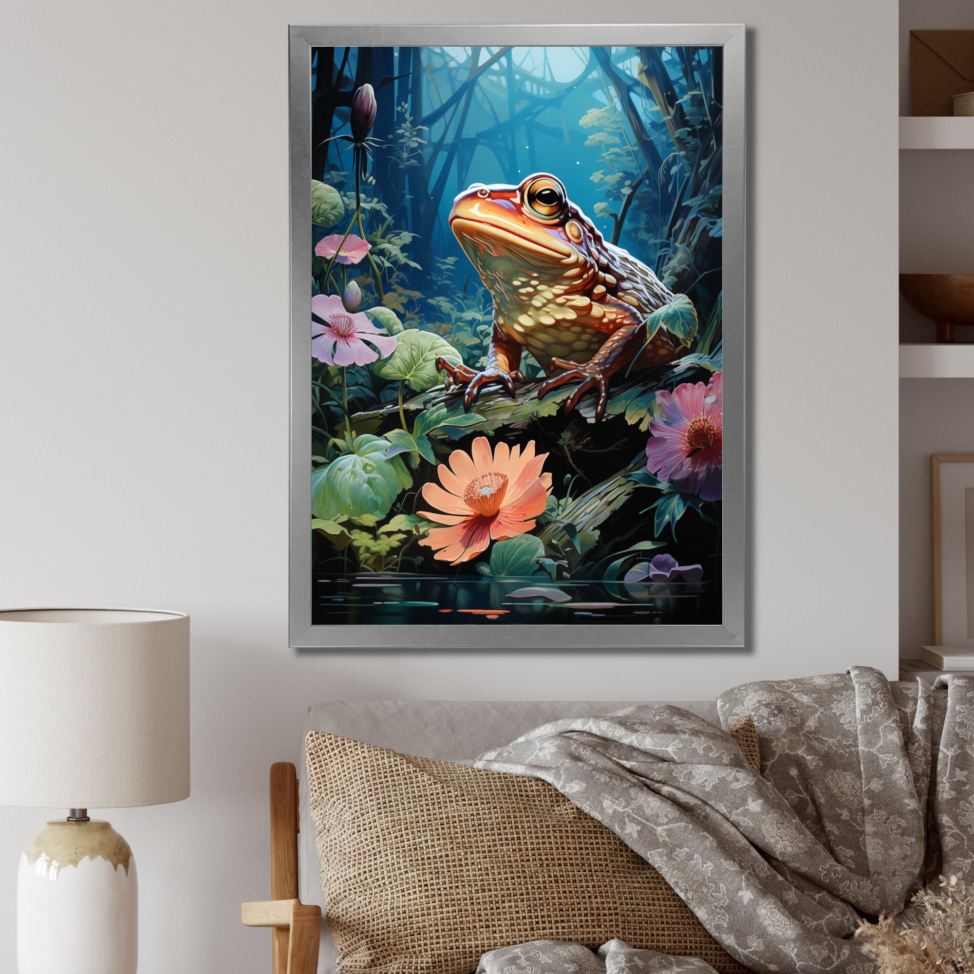 Japan Art Frog at Lotus Pond Reflection - Frog Wall Decor