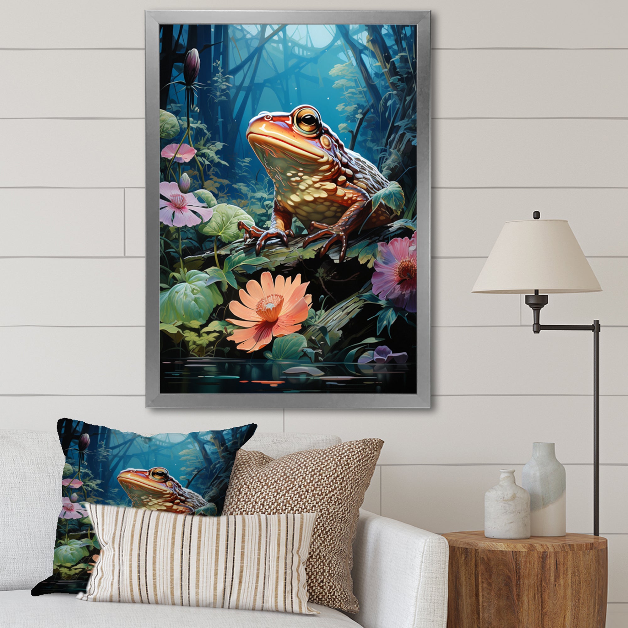 Japan Art Frog at Lotus Pond Reflection - Frog Wall Decor