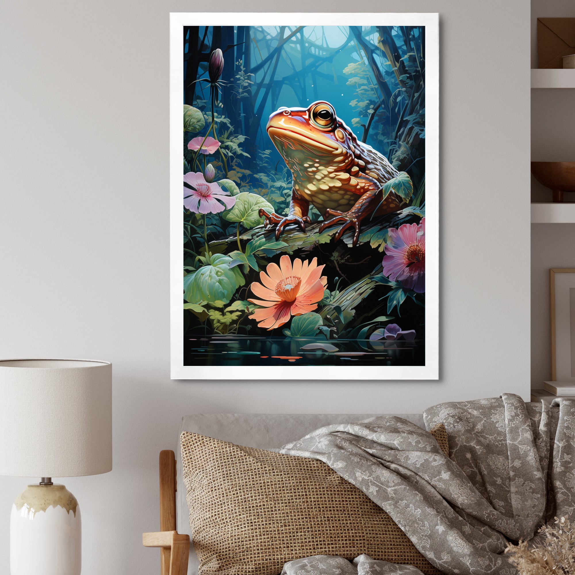 Japan Art Frog at Lotus Pond Reflection - Frog Wall Decor