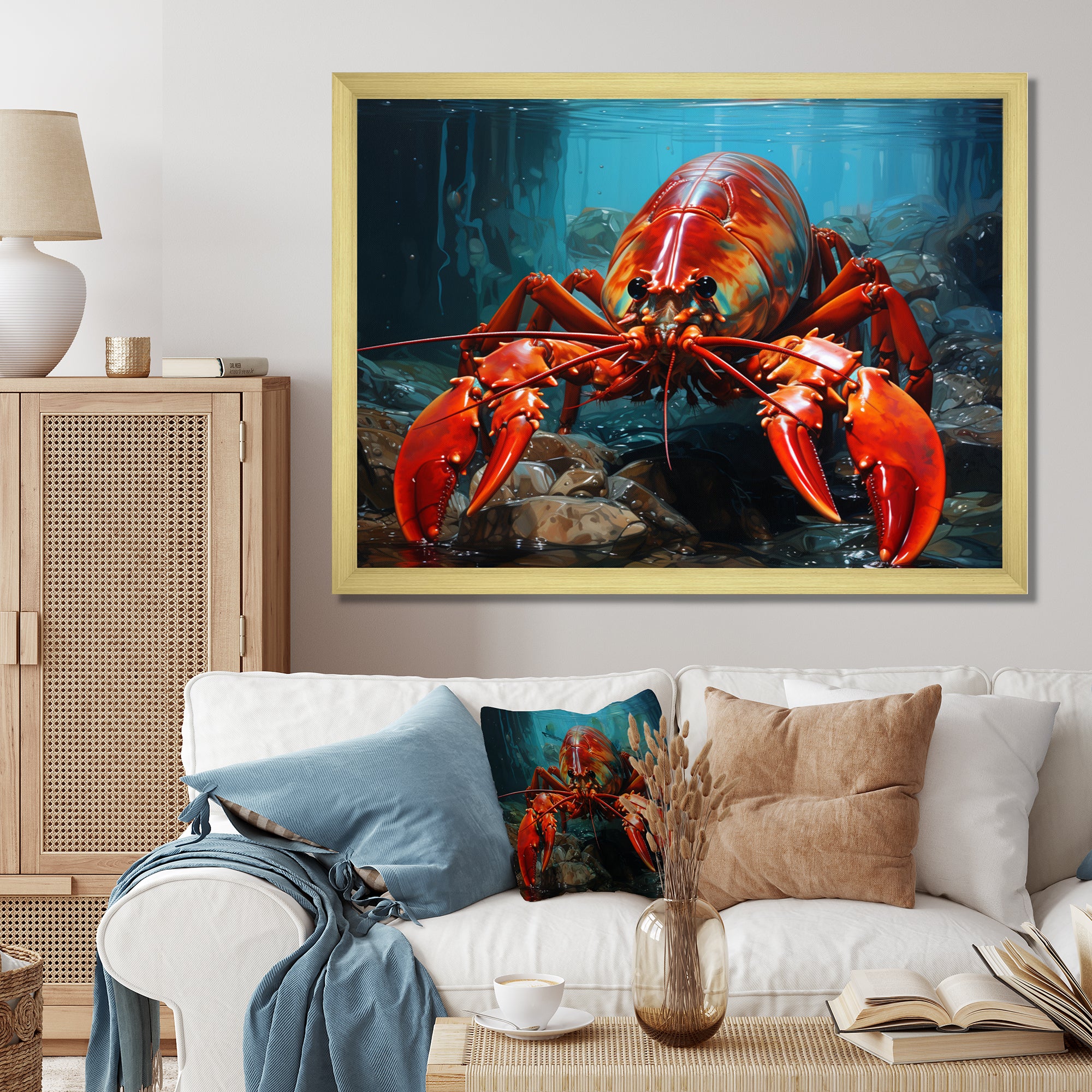 Red Lobster Under Warter - Lobster Framed Canvas Art