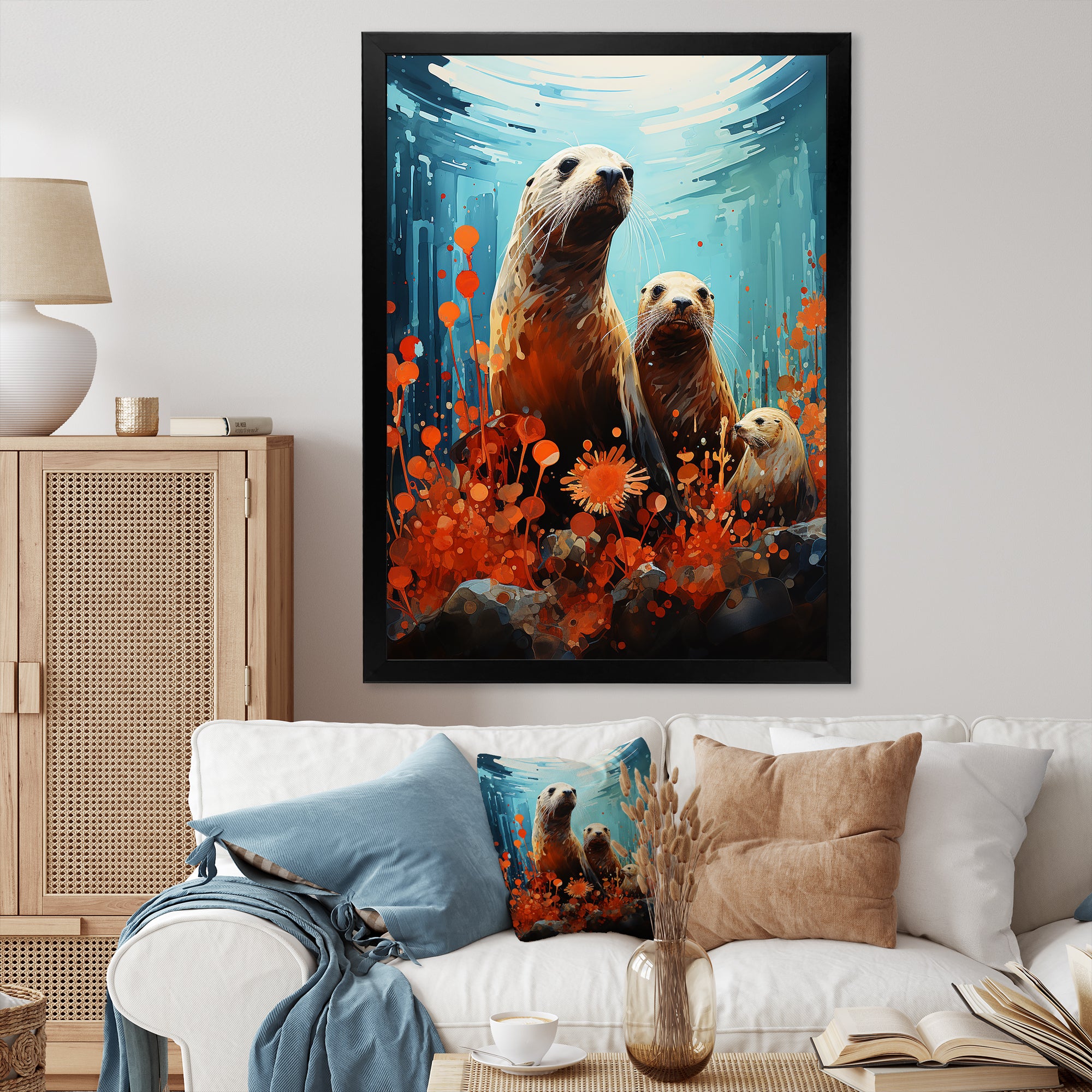 Teal Orange Marine Animals Curious Sea - Marine Animals Canvas Wall Art