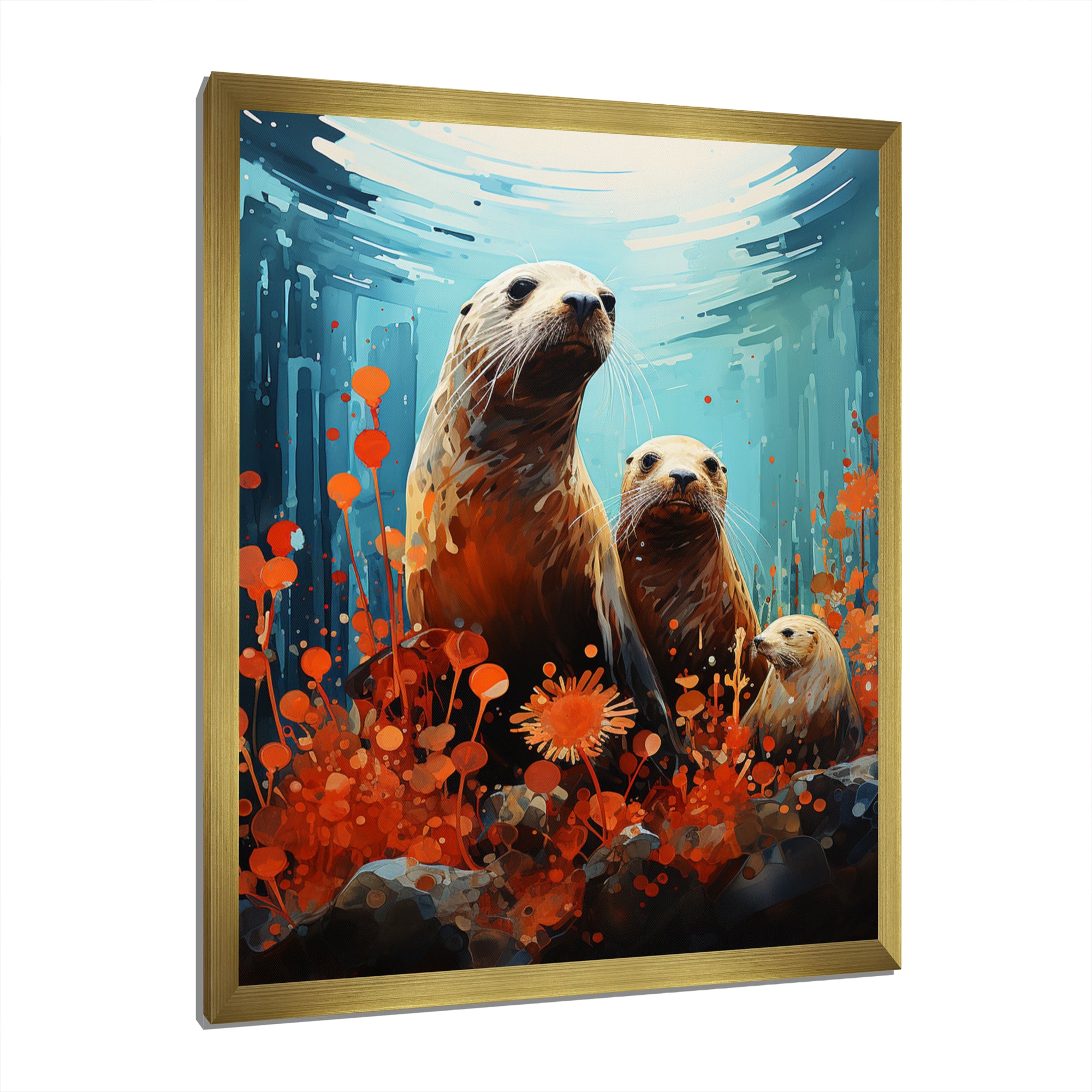 Teal Orange Marine Animals Curious Sea - Marine Animals Canvas Wall Art