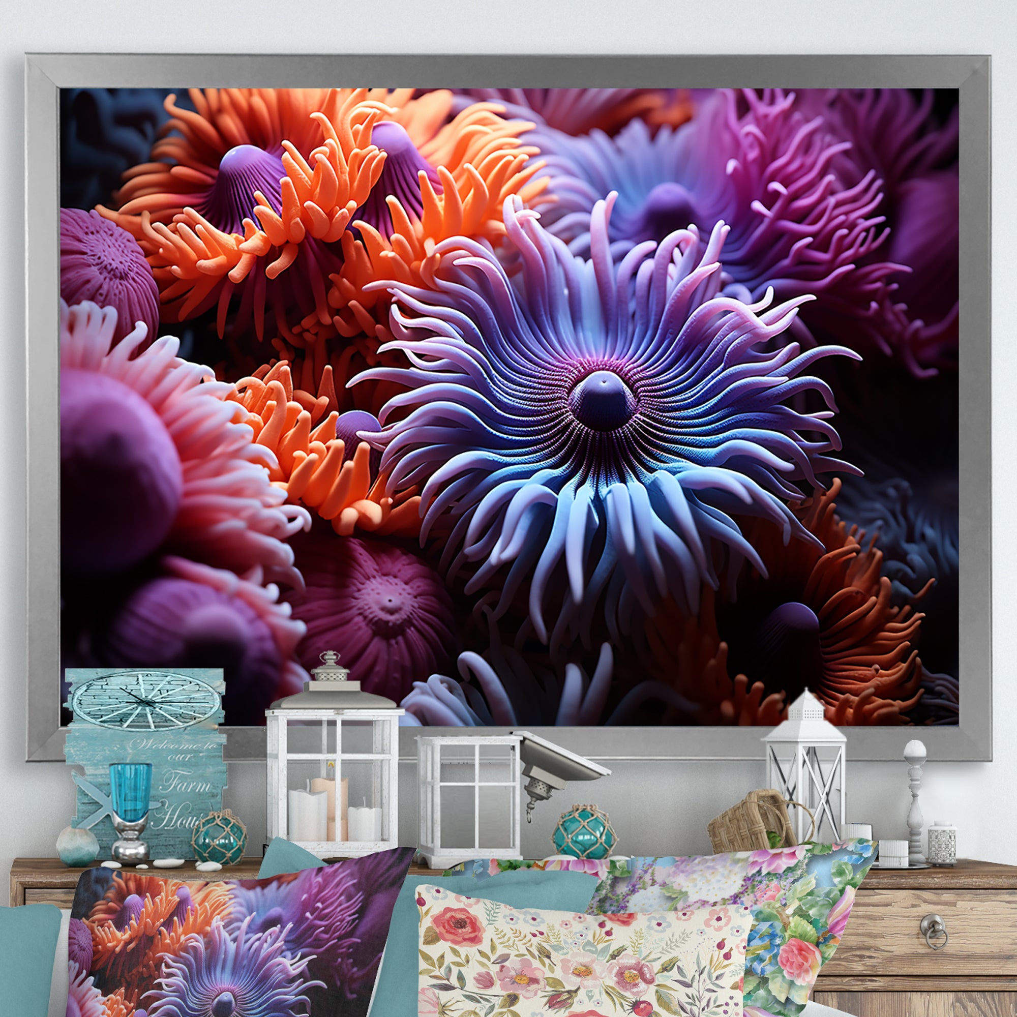 Purple Coral Marine Animals Harmony - Marine Animals Framed Canvas Art