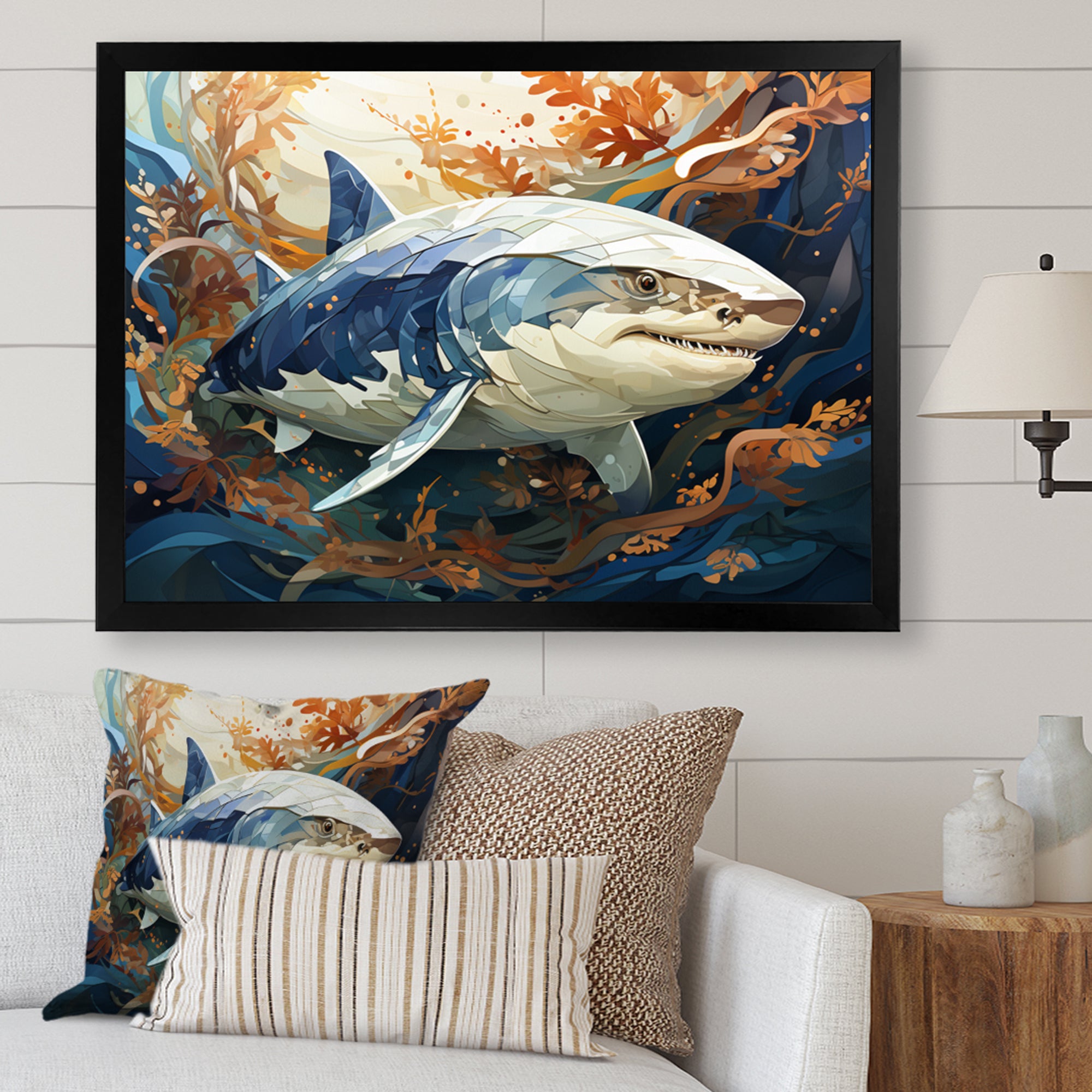 Grey Orange Shark Harmony - Marine Animals Wall Art Prints