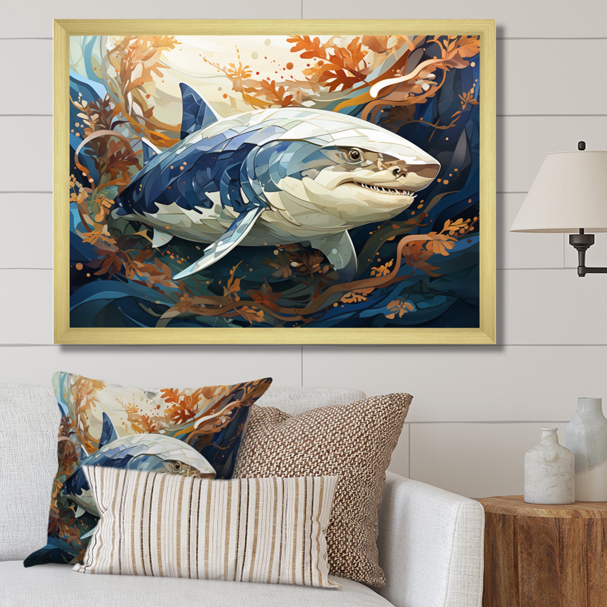 Grey Orange Shark Harmony - Marine Animals Wall Art Prints