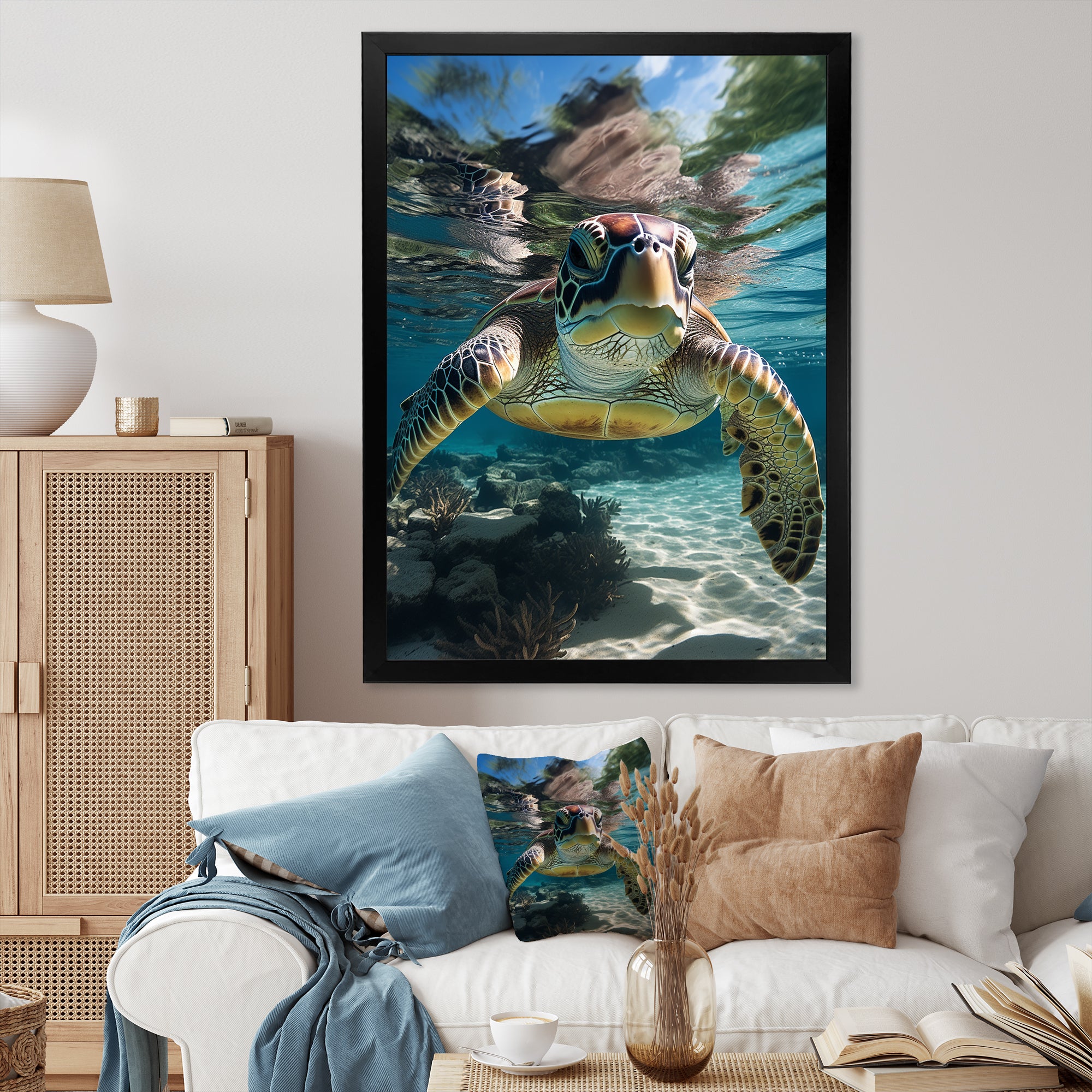 Green Teal Turtle Portrait Stunning - Green Marine Animals Wall Art