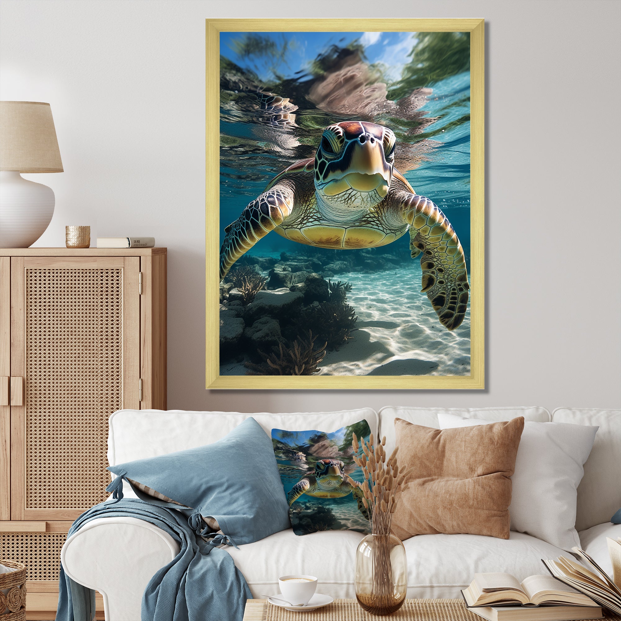 Green Teal Turtle Portrait Stunning - Green Marine Animals Wall Art