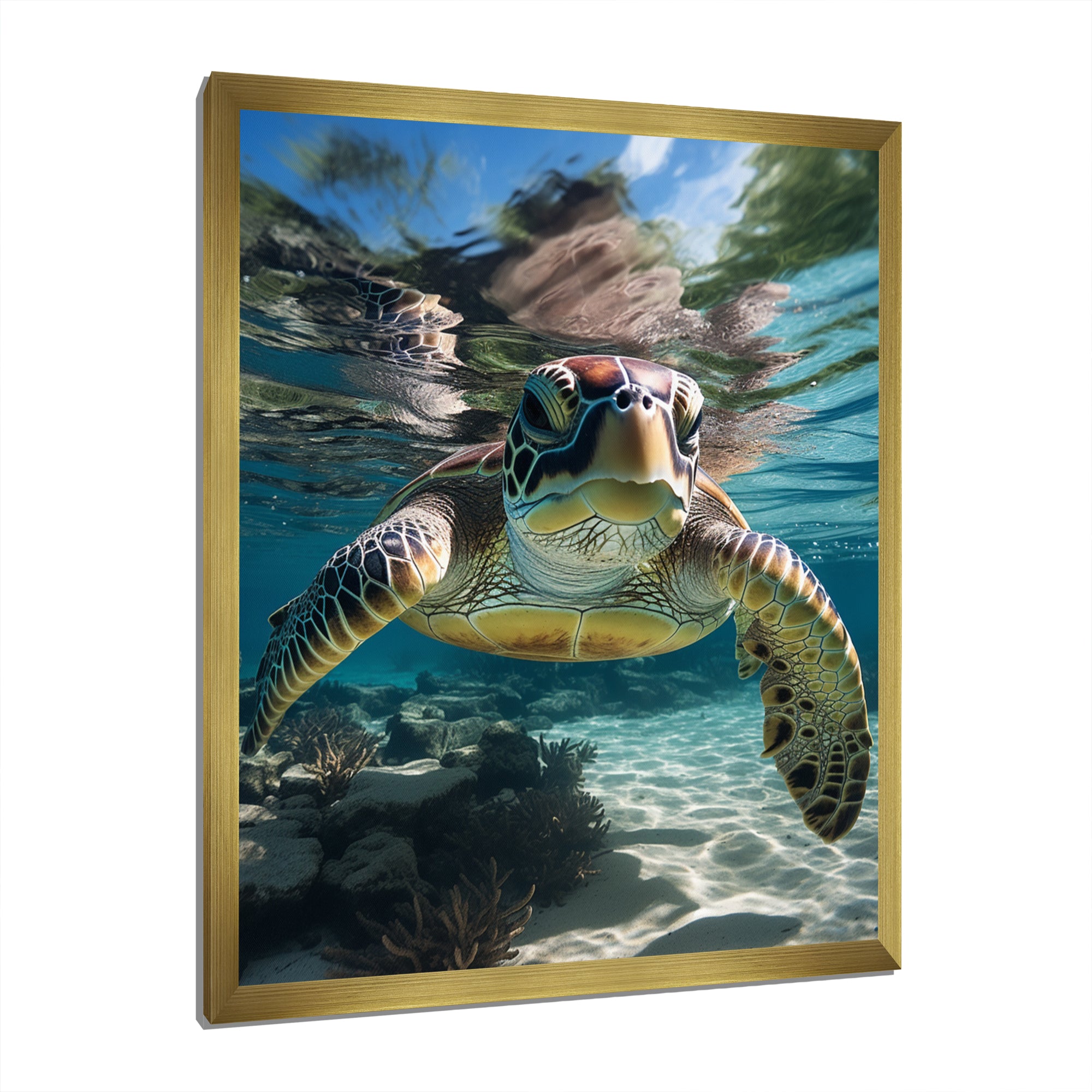 Green Teal Turtle Portrait Stunning - Green Marine Animals Wall Art