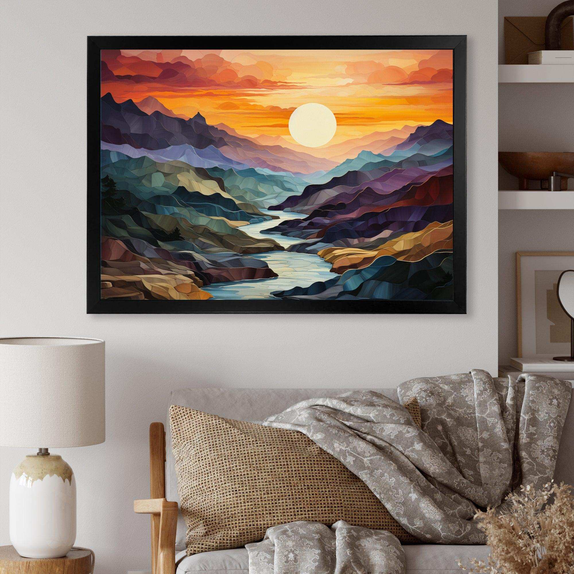 Orange Teal Mountains Bold Landscape - Landscapes Canvas Wall Art