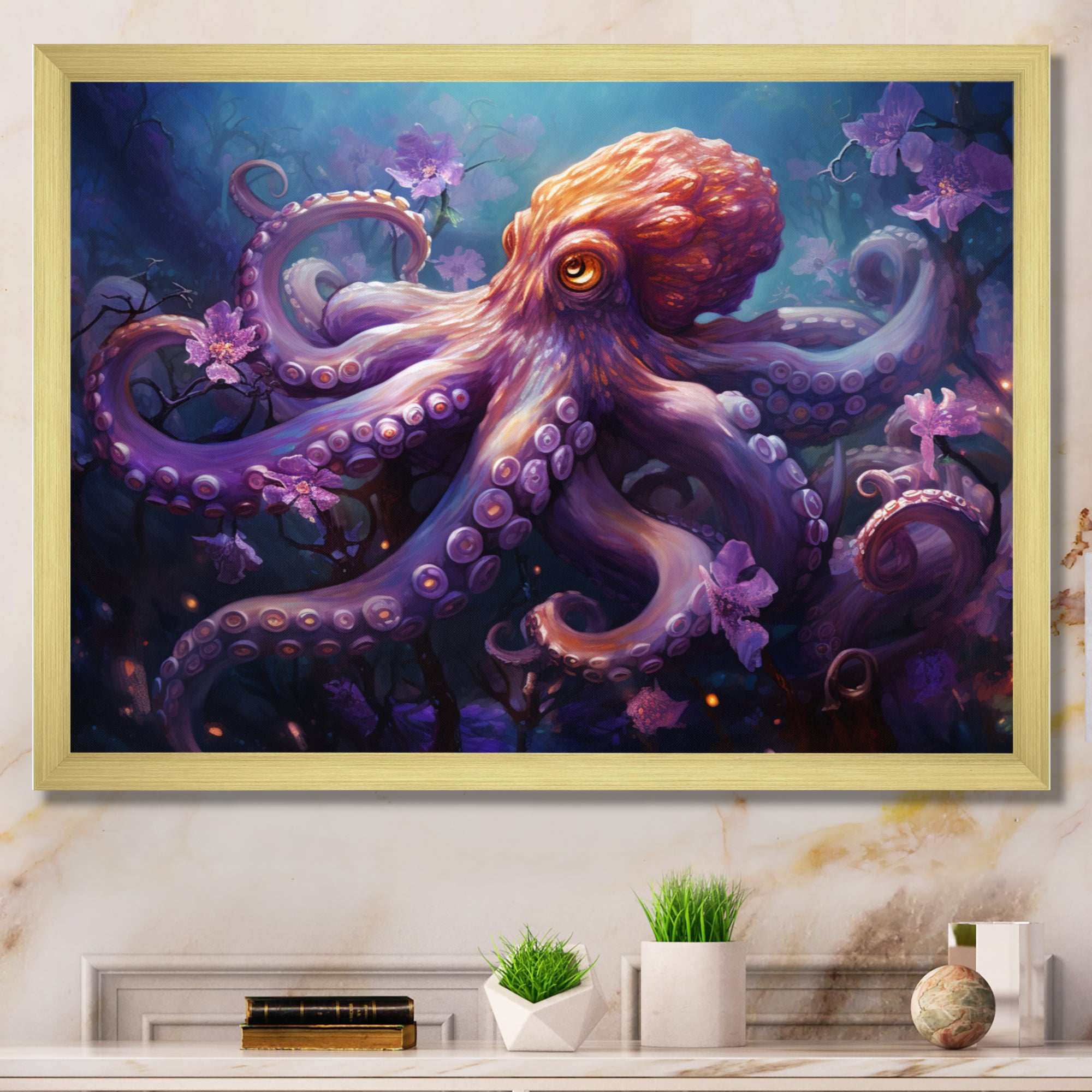Purple Octopus Mystical Encounter An - Purple Octopus Wall Art