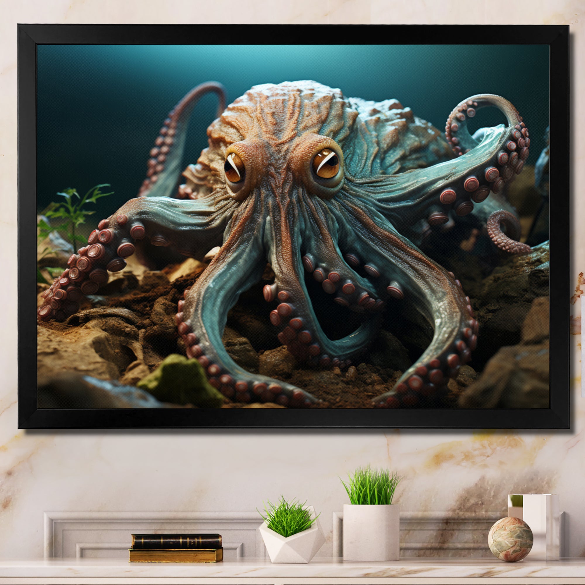 Teal Octopus Lunar Reflections - Octopus Framed Canvas Art