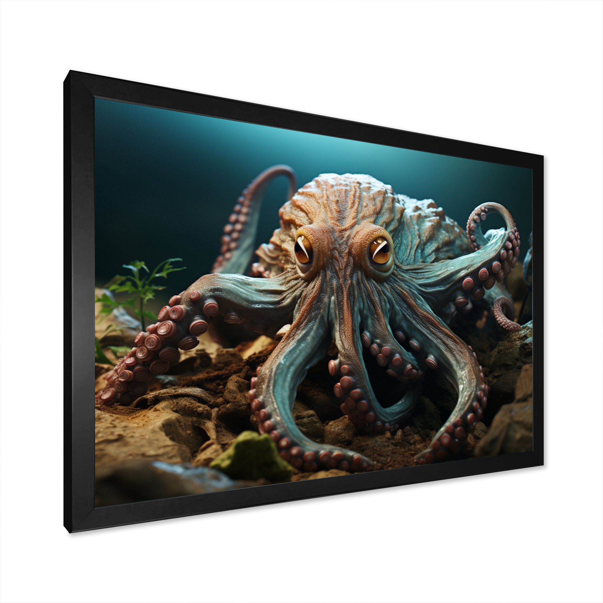 Teal Octopus Lunar Reflections - Octopus Framed Canvas Art