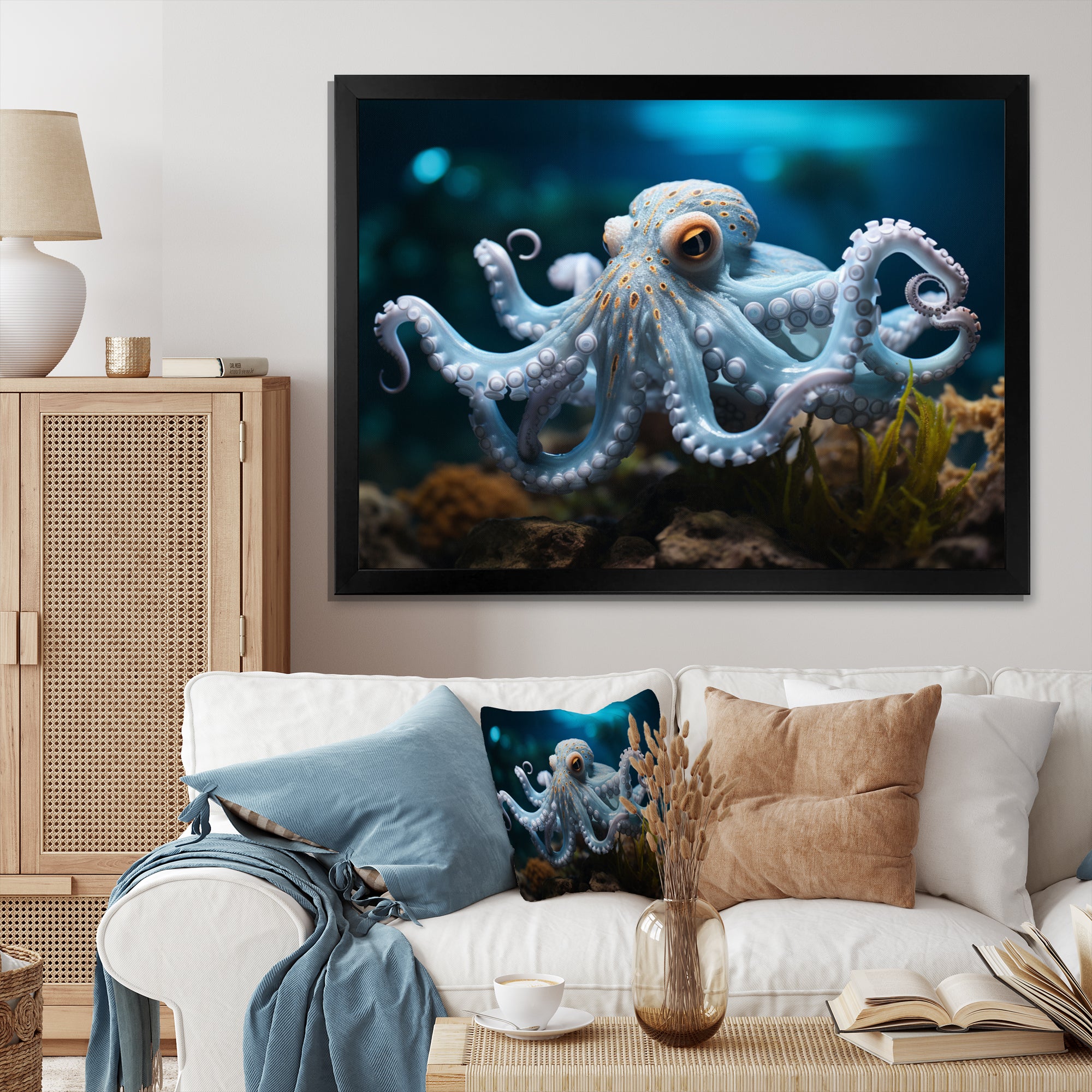 Blue Octopus Serene Submersion - Octopus Large Canvas Wall Art