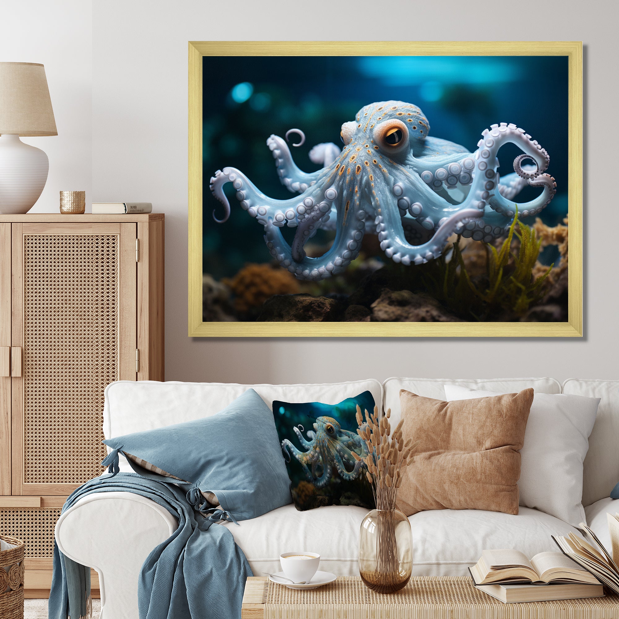 Blue Octopus Serene Submersion - Octopus Large Canvas Wall Art