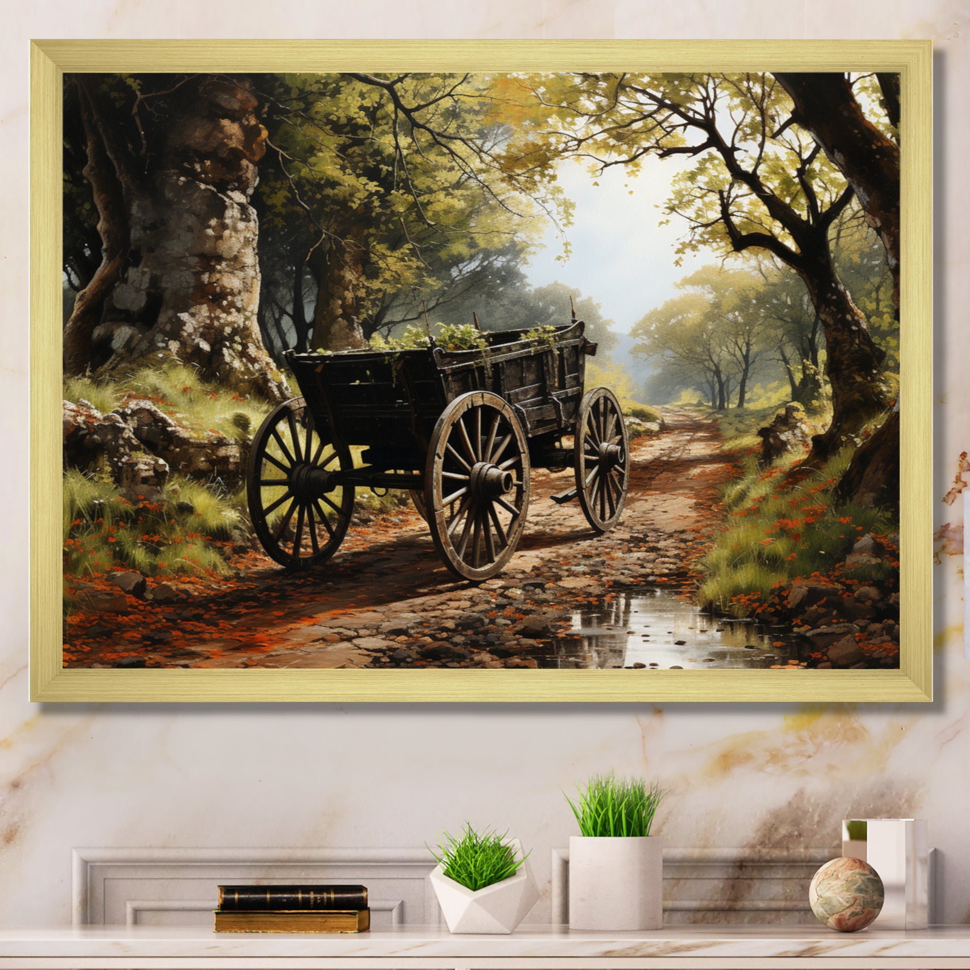 Brown Old Cart  Path - Old American Cart Canvas Wall Art