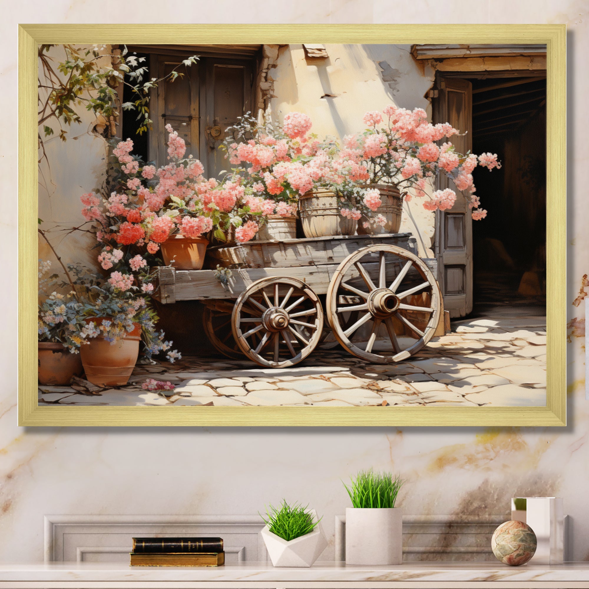 Pink Old Cart Wheels - Old American Cart Canvas Wall Art