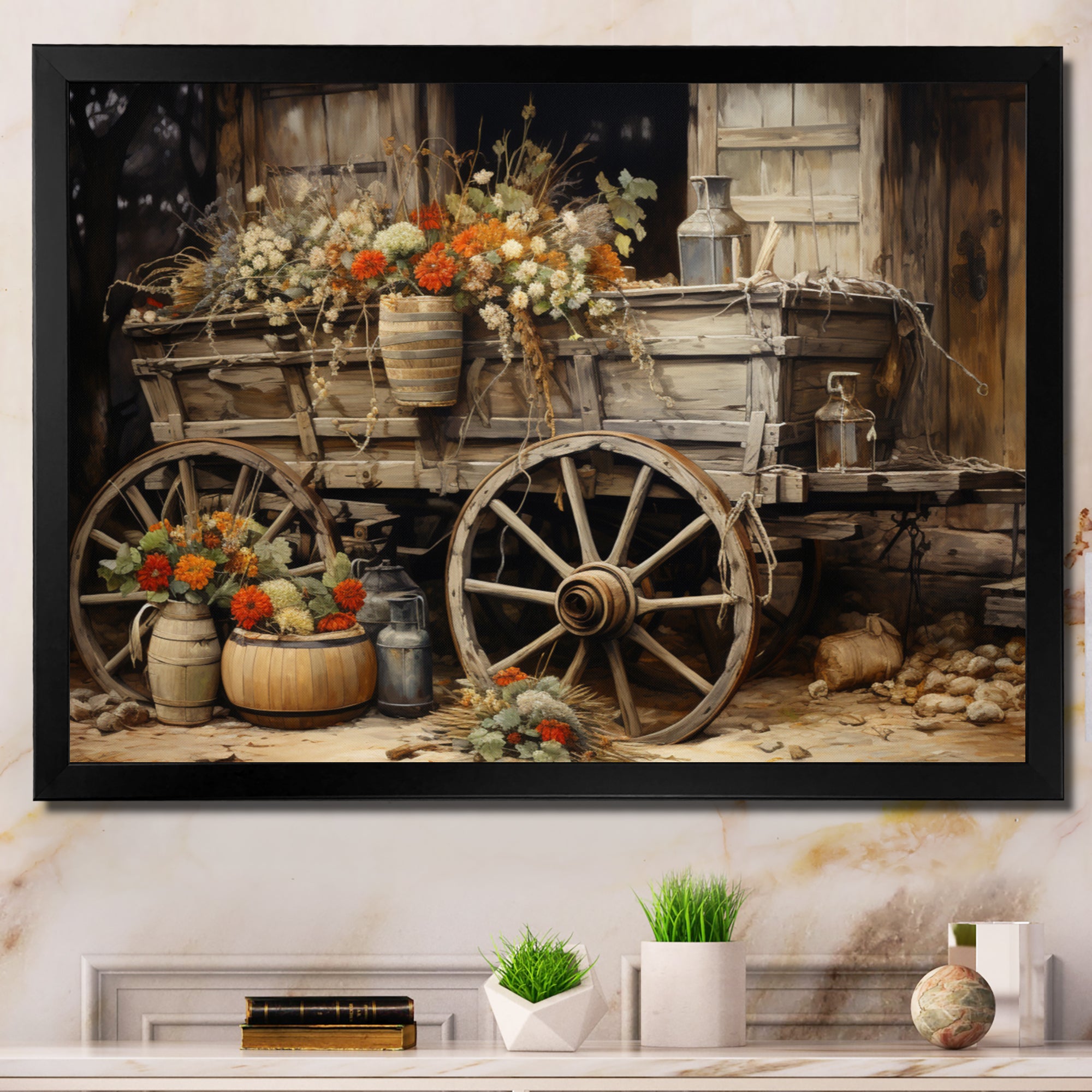 Grey Old Cart Of Flowers I - Old American Cart Canvas Wall Art