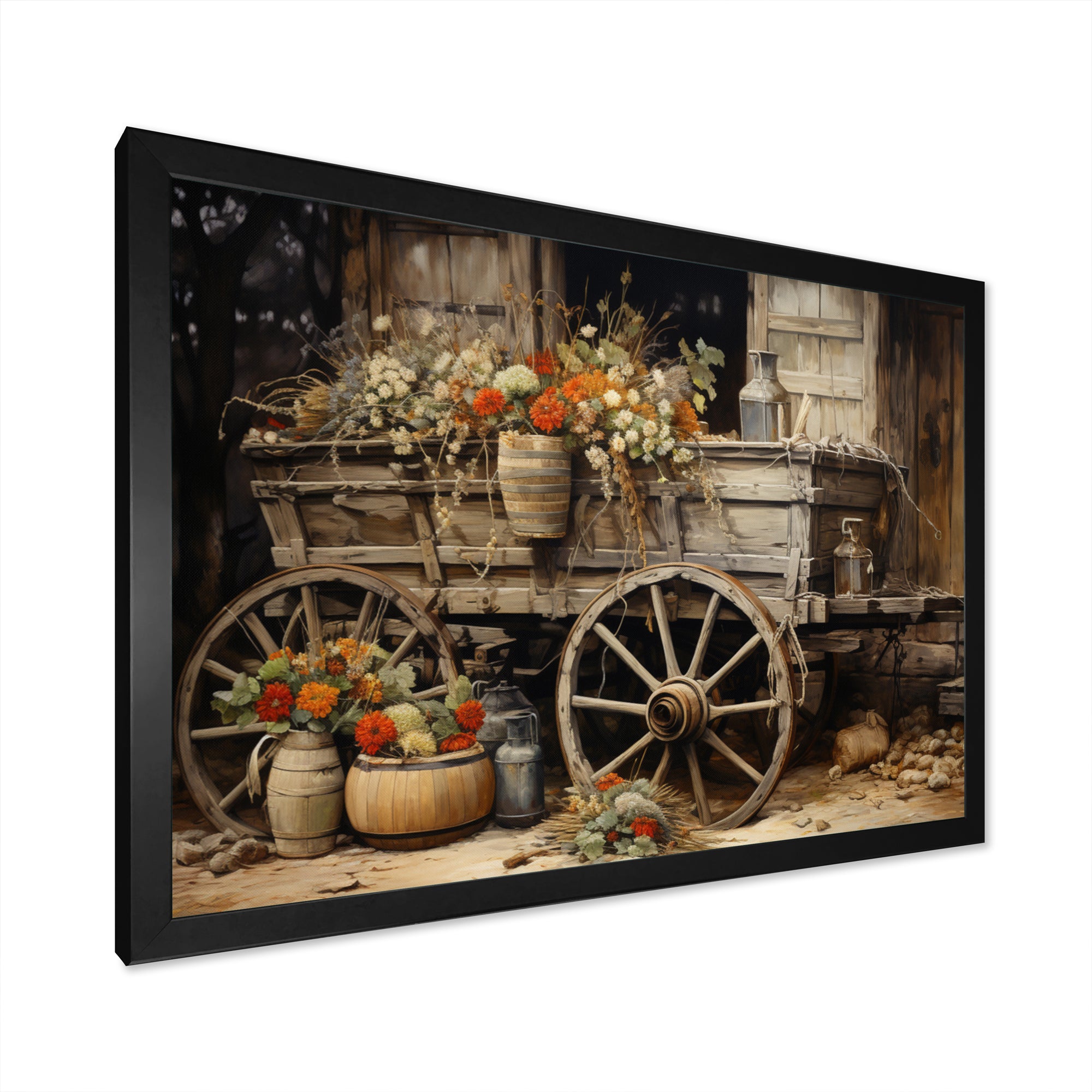 Grey Old Cart Of Flowers I - Old American Cart Canvas Wall Art