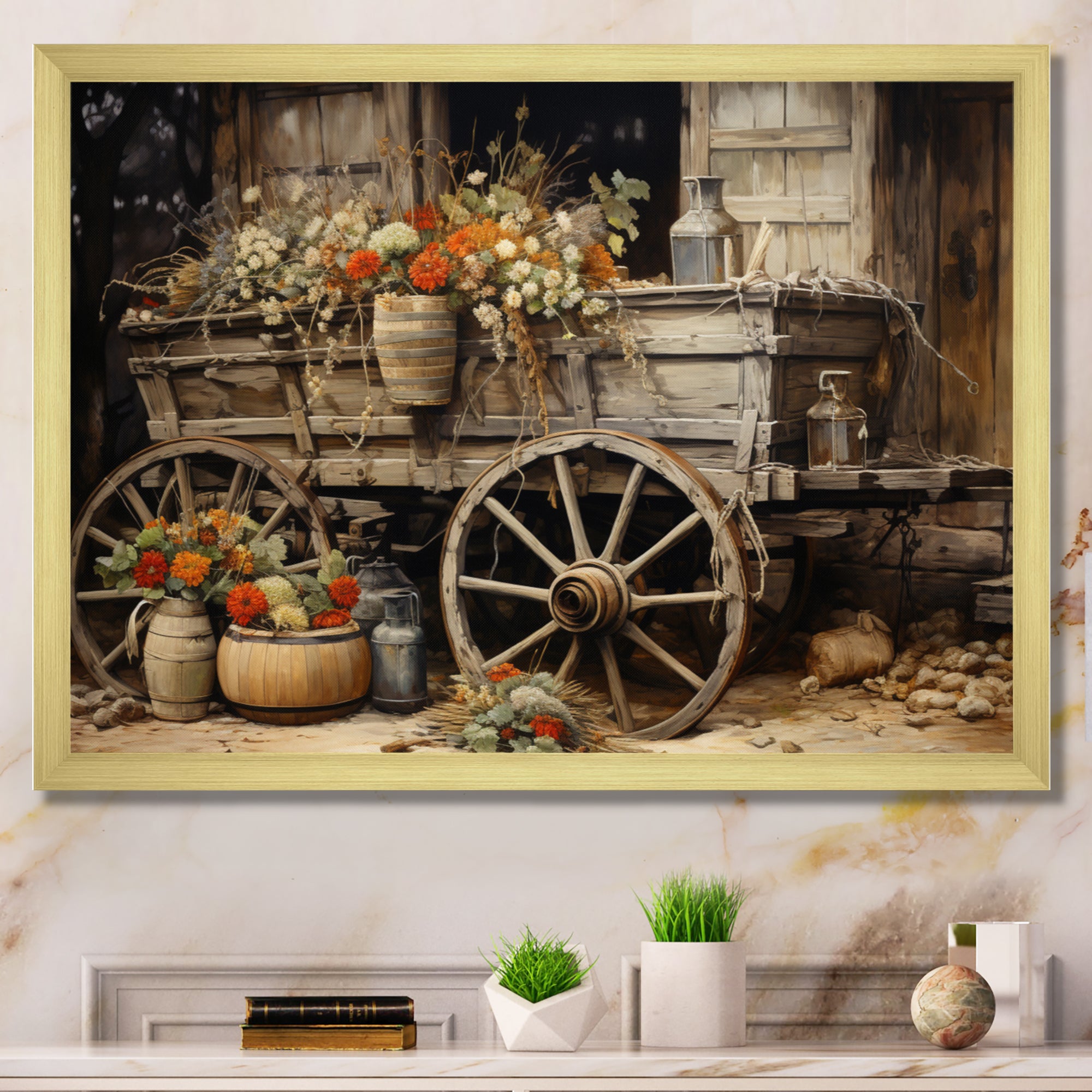 Grey Old Cart Of Flowers I - Old American Cart Canvas Wall Art