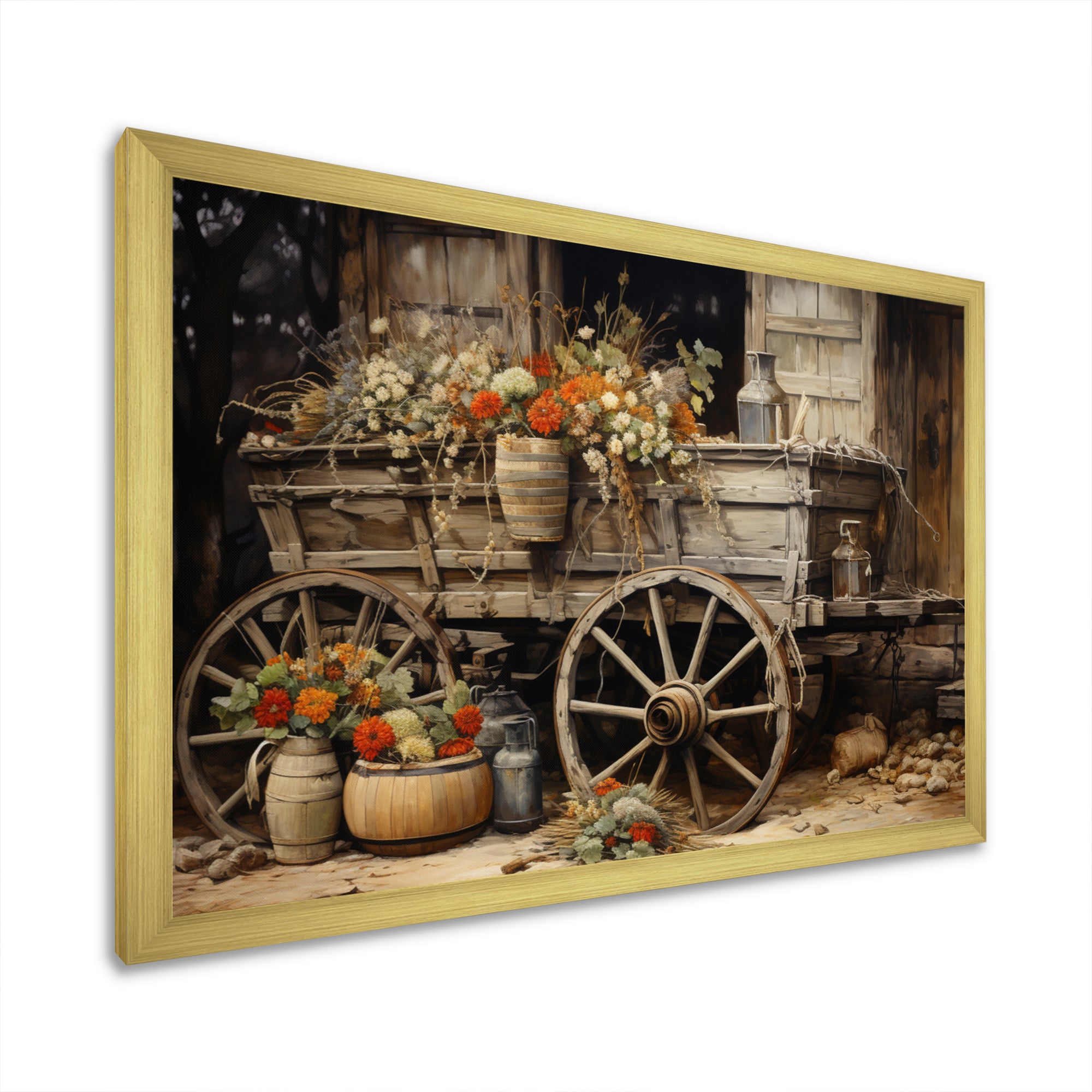 Grey Old Cart Of Flowers I - Old American Cart Canvas Wall Art