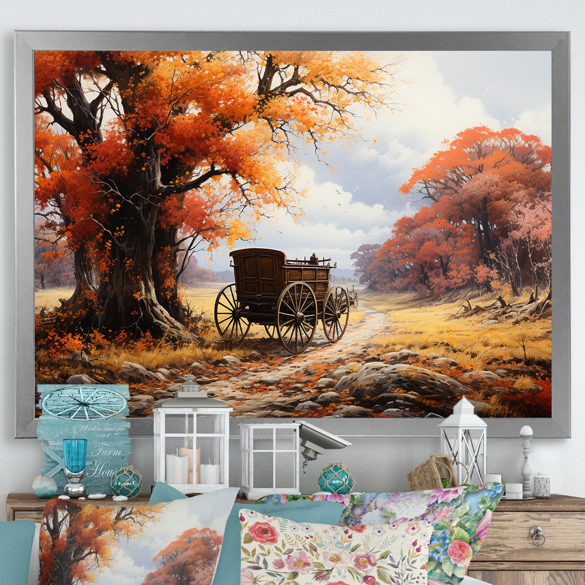 Orange Old Cart Seasons I - Old American Cart Canvas Wall Art