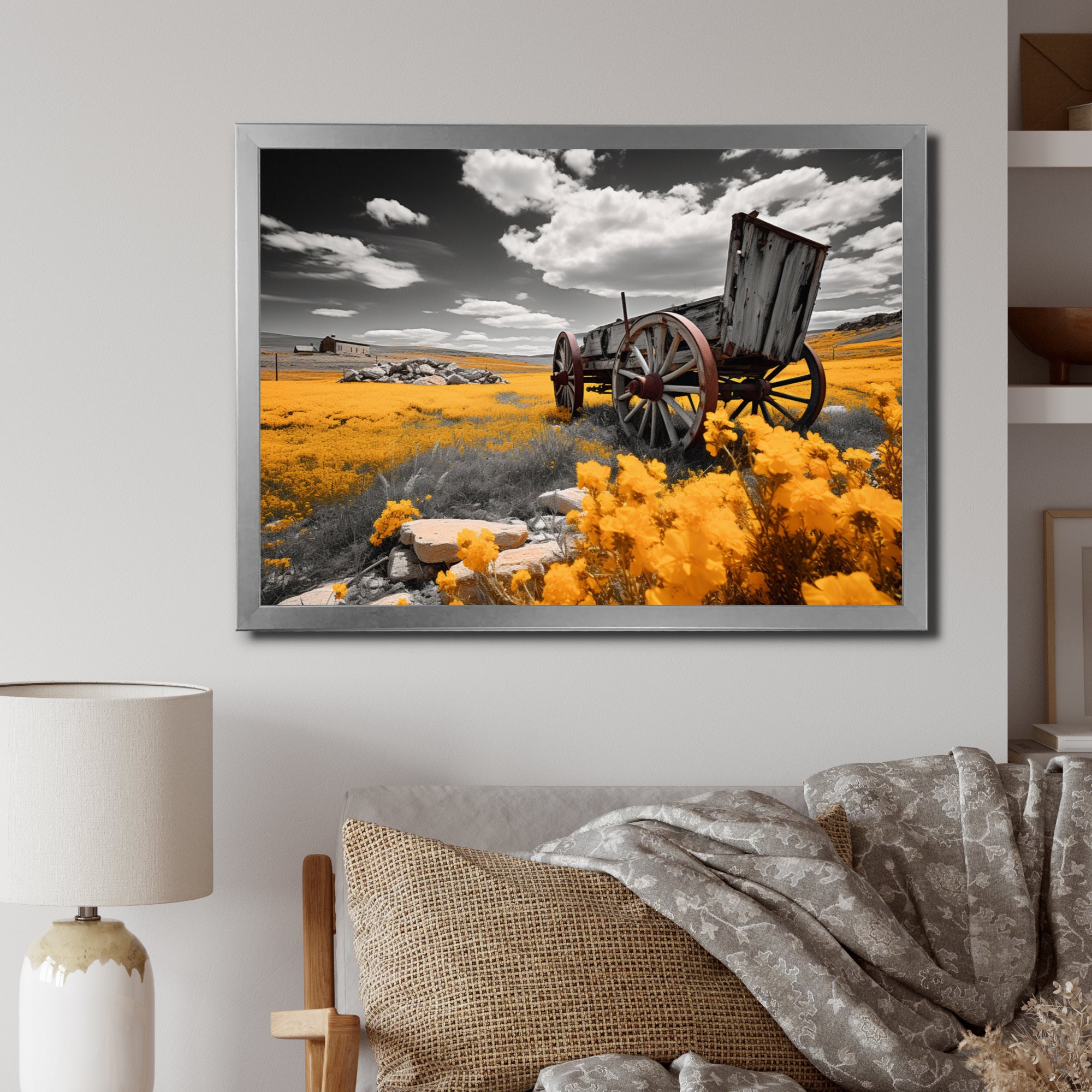 Yellow Old Cart Roadside Relic I - Old American Cart Canvas Wall Art