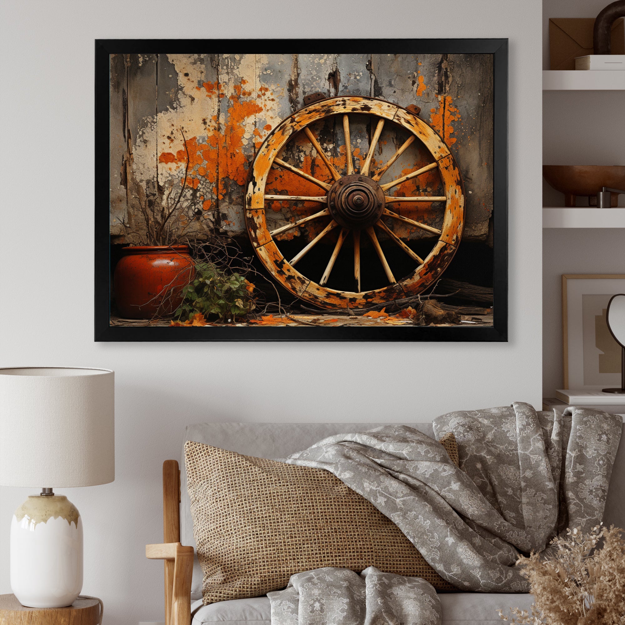 Orange Old Cart Wheels I - Old American Cart Canvas Wall Art