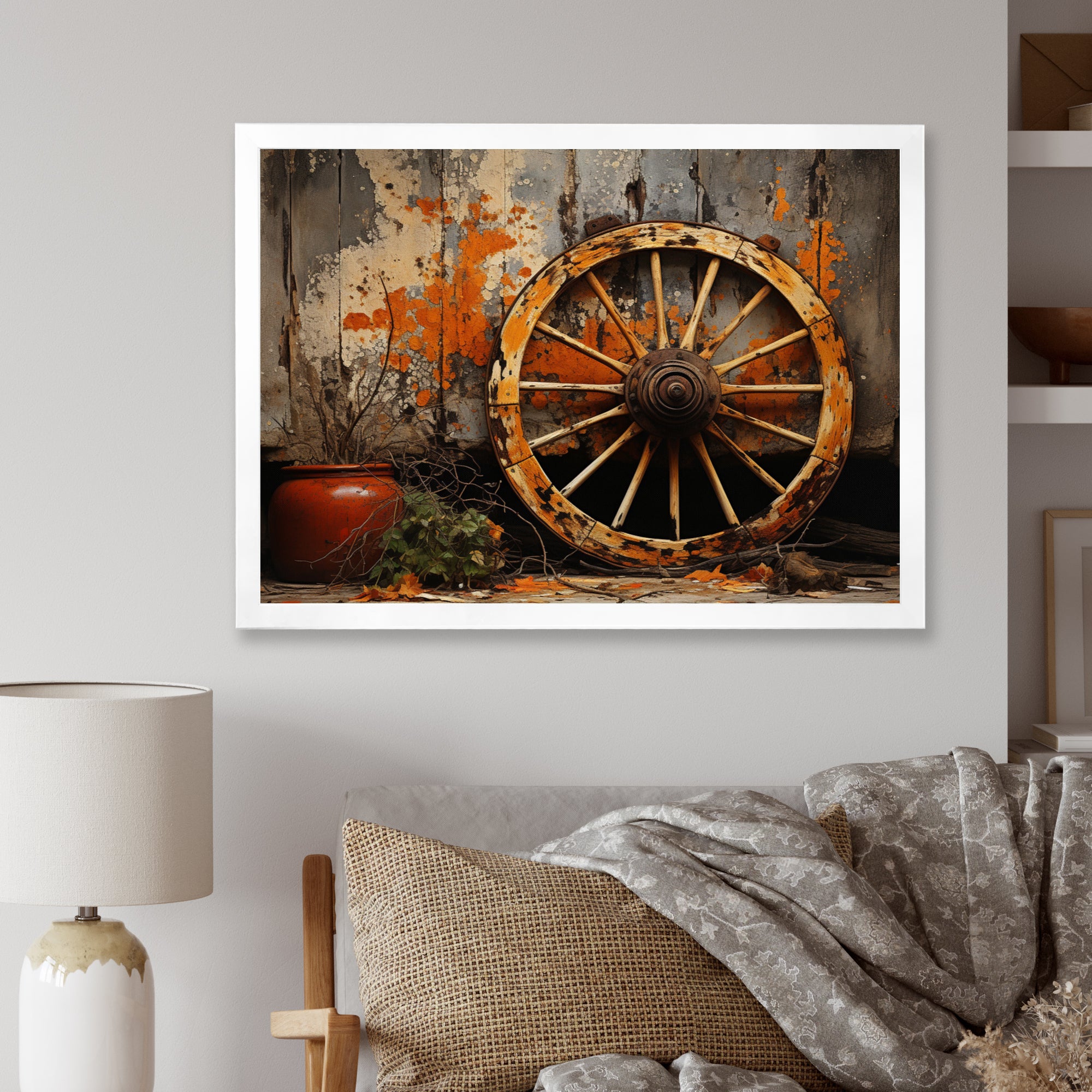 Orange Old Cart Wheels I - Old American Cart Canvas Wall Art