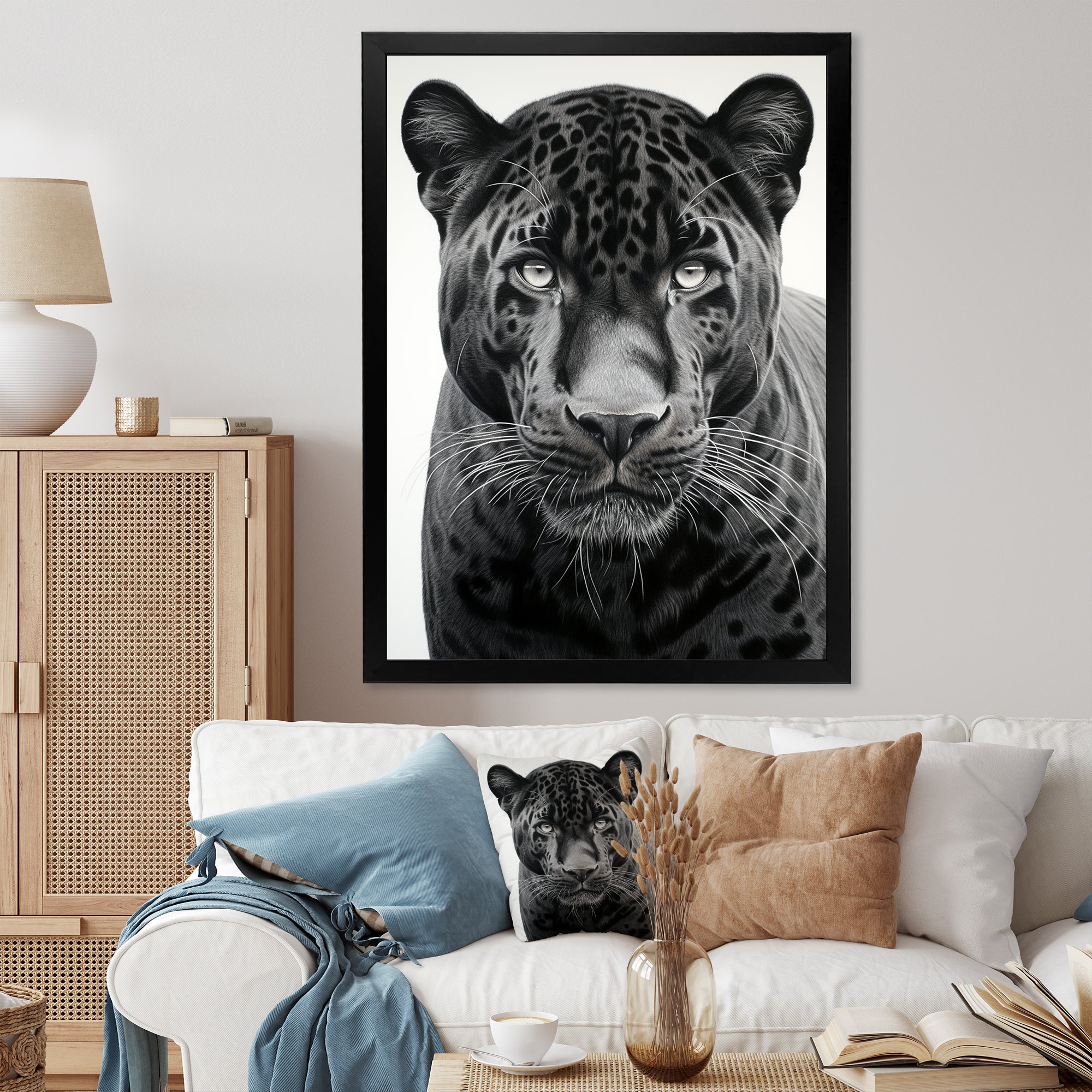 Grey White Panther Realistic Gaze - Panther Framed Canvas Art