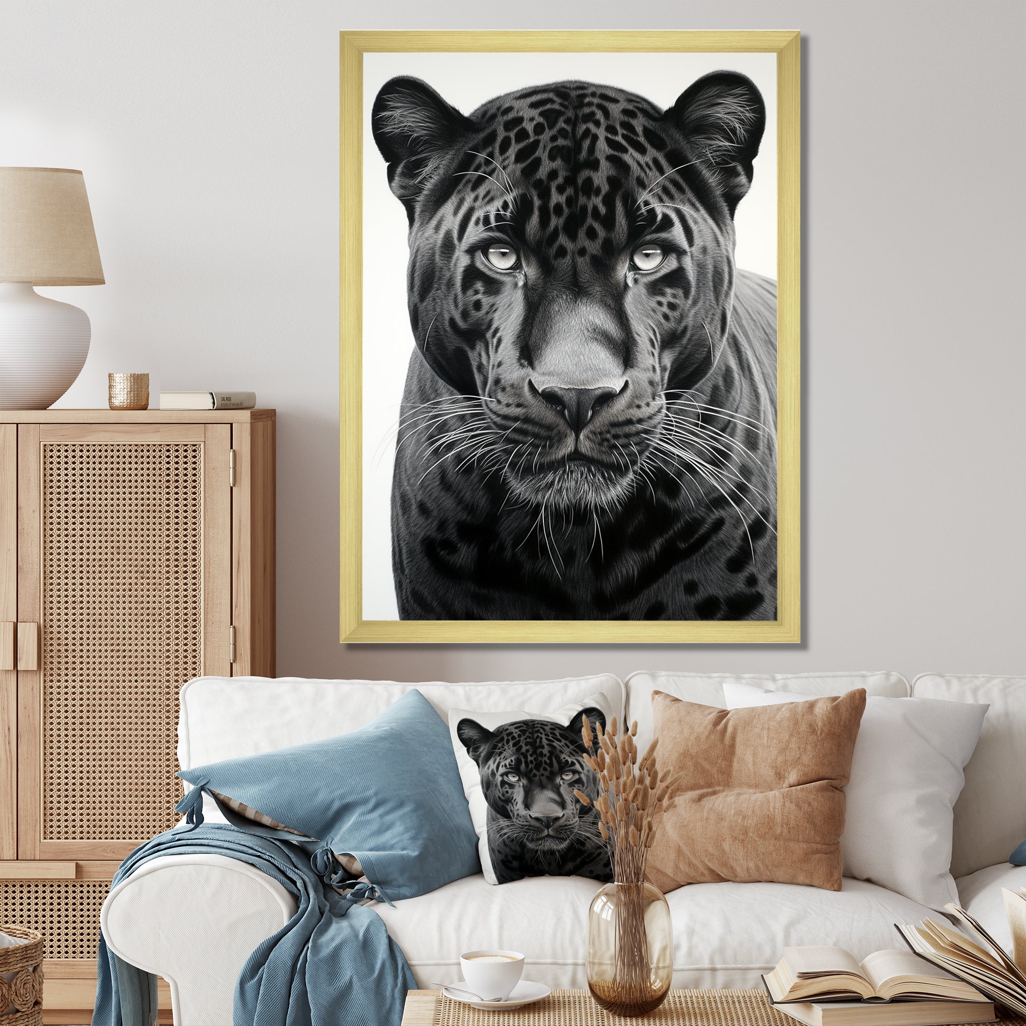Grey White Panther Realistic Gaze - Panther Framed Canvas Art