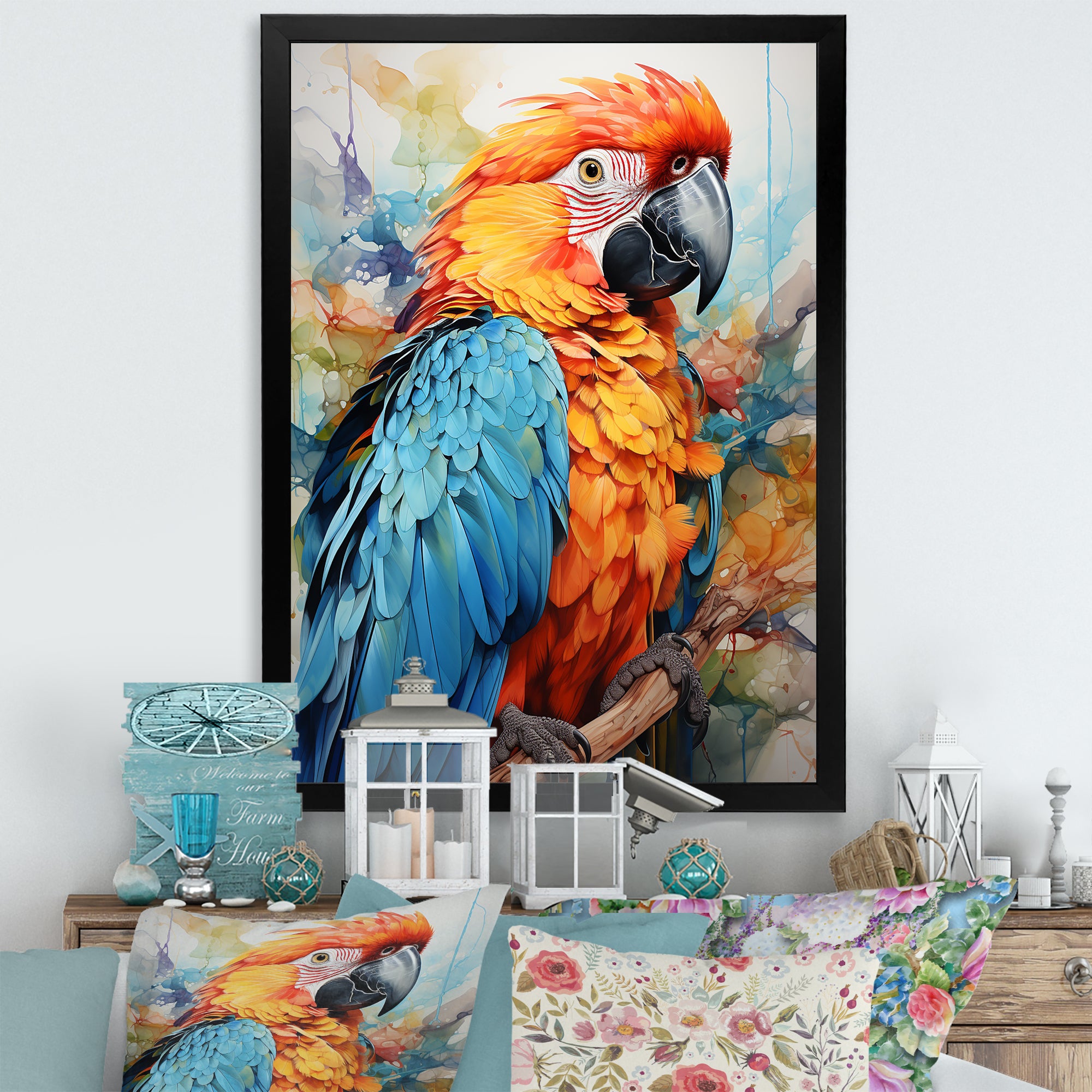 Orange Blue Parrot Vibrant Plumage - Orange Parrot Wall Art