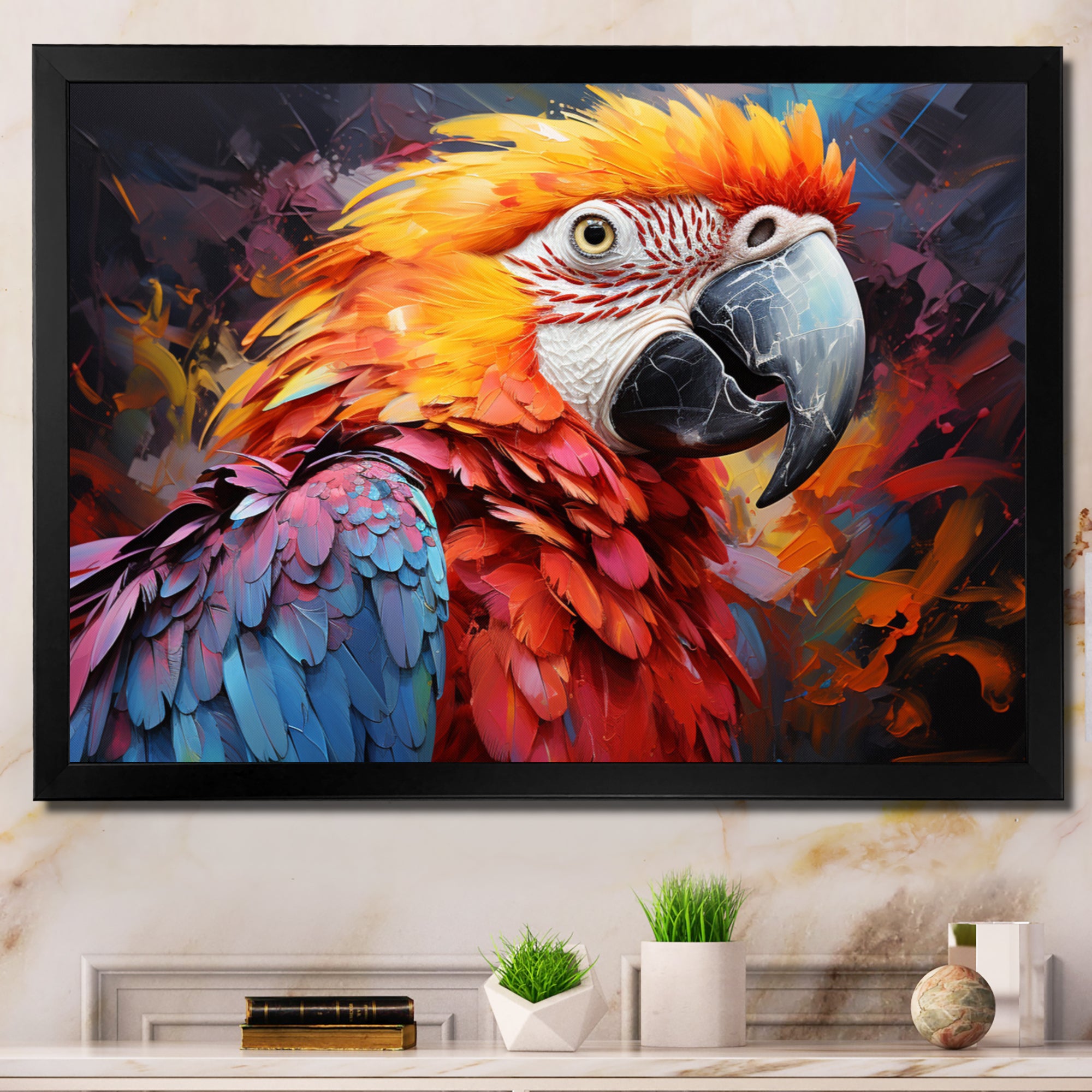 Orange Blue Parrot Vibrant Plumage Collage - Parrot Framed Canvas Art