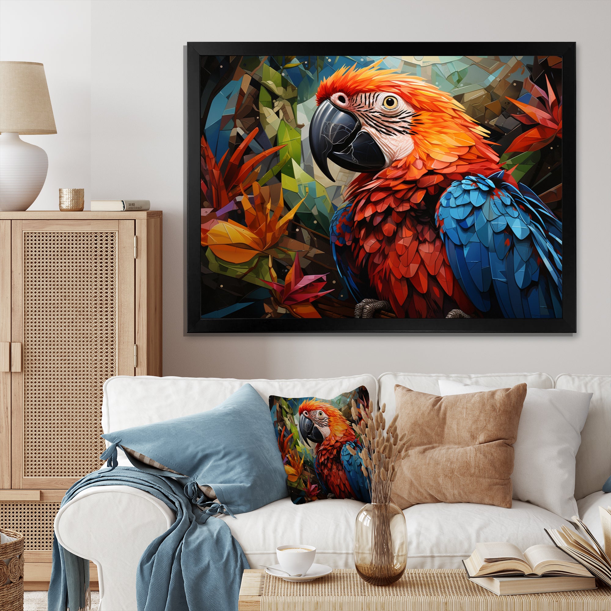 Red Parrot Vibrant Plumage Geometric - Parrot Large Canvas Wall Art