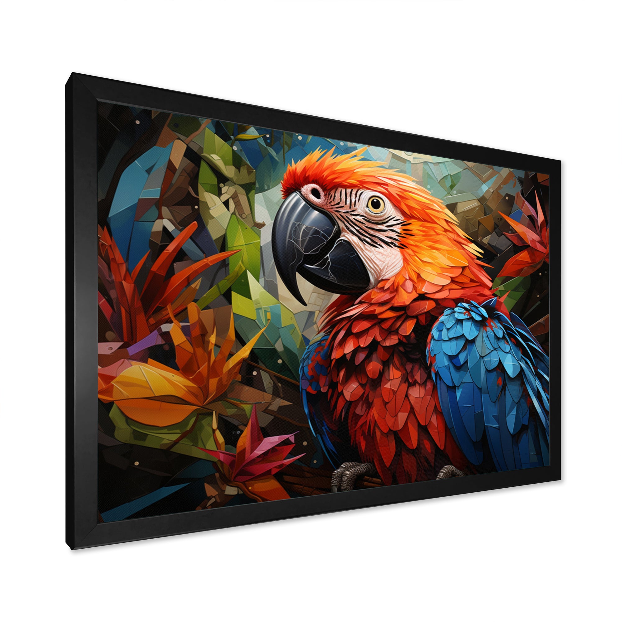 Red Parrot Vibrant Plumage Geometric - Parrot Large Canvas Wall Art