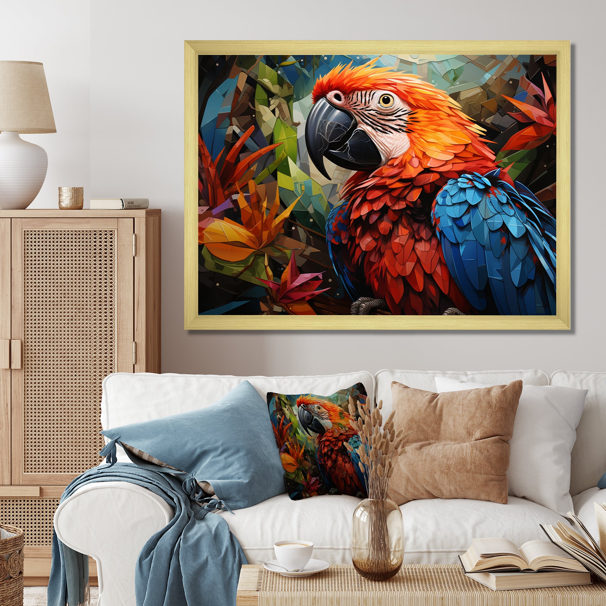 Red Parrot Vibrant Plumage Geometric - Parrot Large Canvas Wall Art
