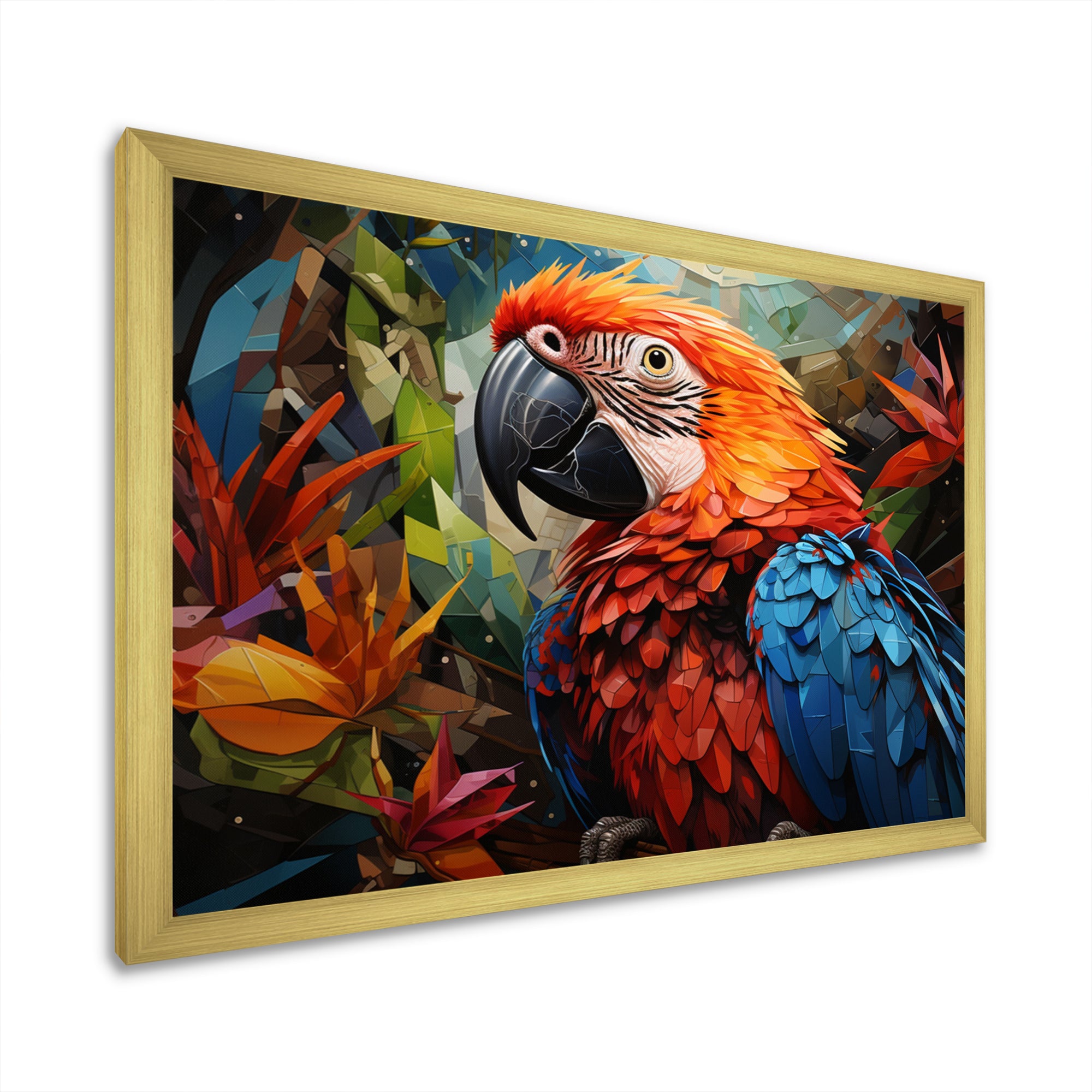 Red Parrot Vibrant Plumage Geometric - Parrot Large Canvas Wall Art