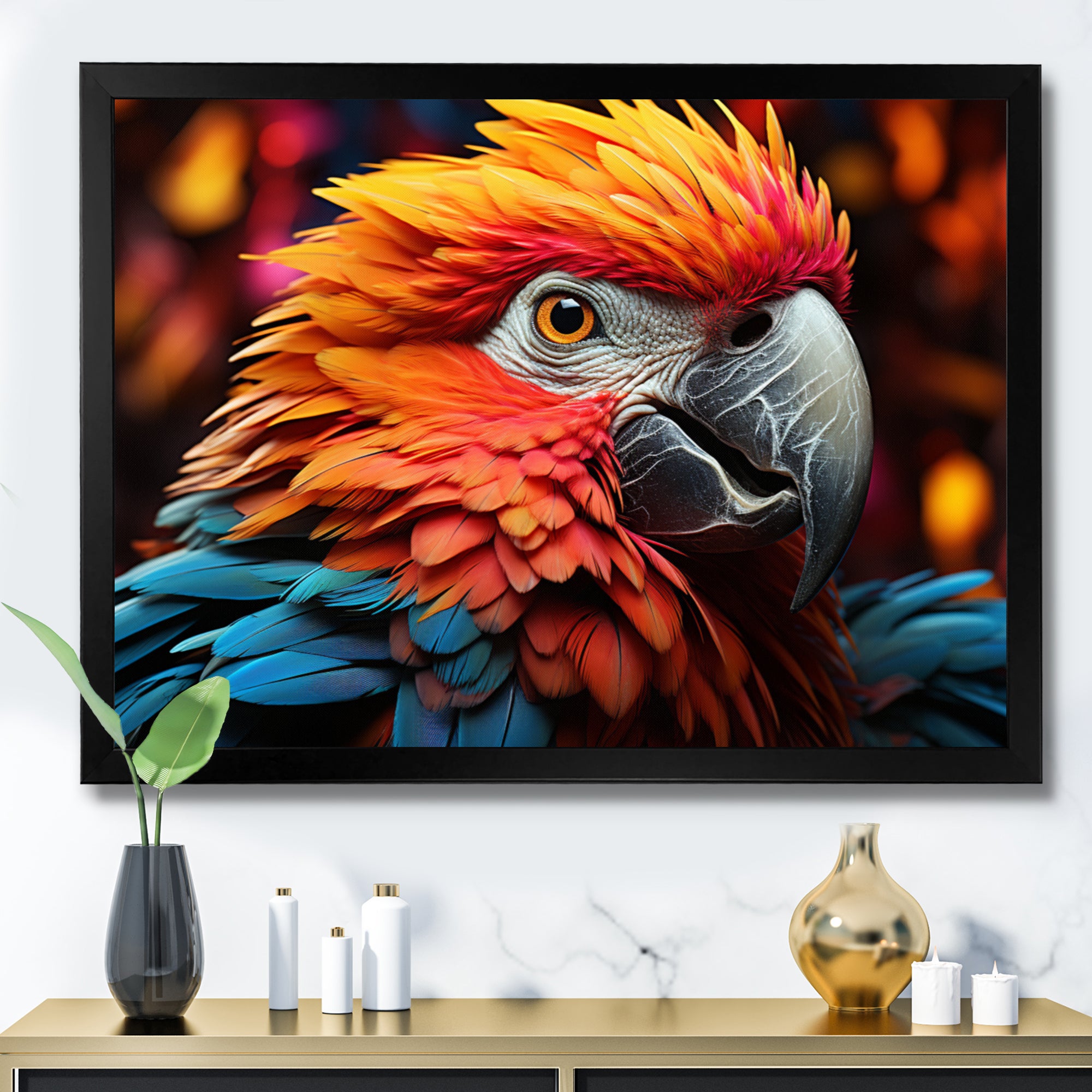 Orange Parrot Vibrant Plumage Geometric - Parrot Home Decor Art