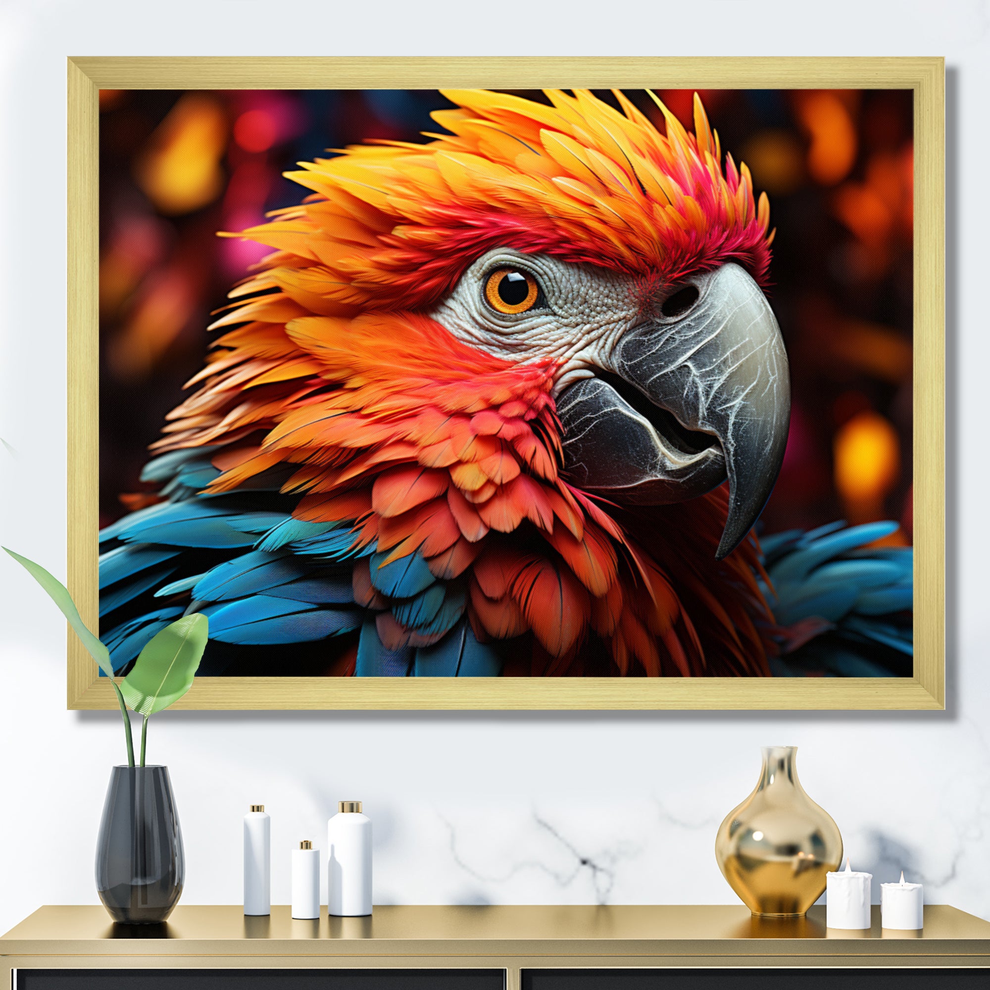 Orange Parrot Vibrant Plumage Geometric - Parrot Home Decor Art
