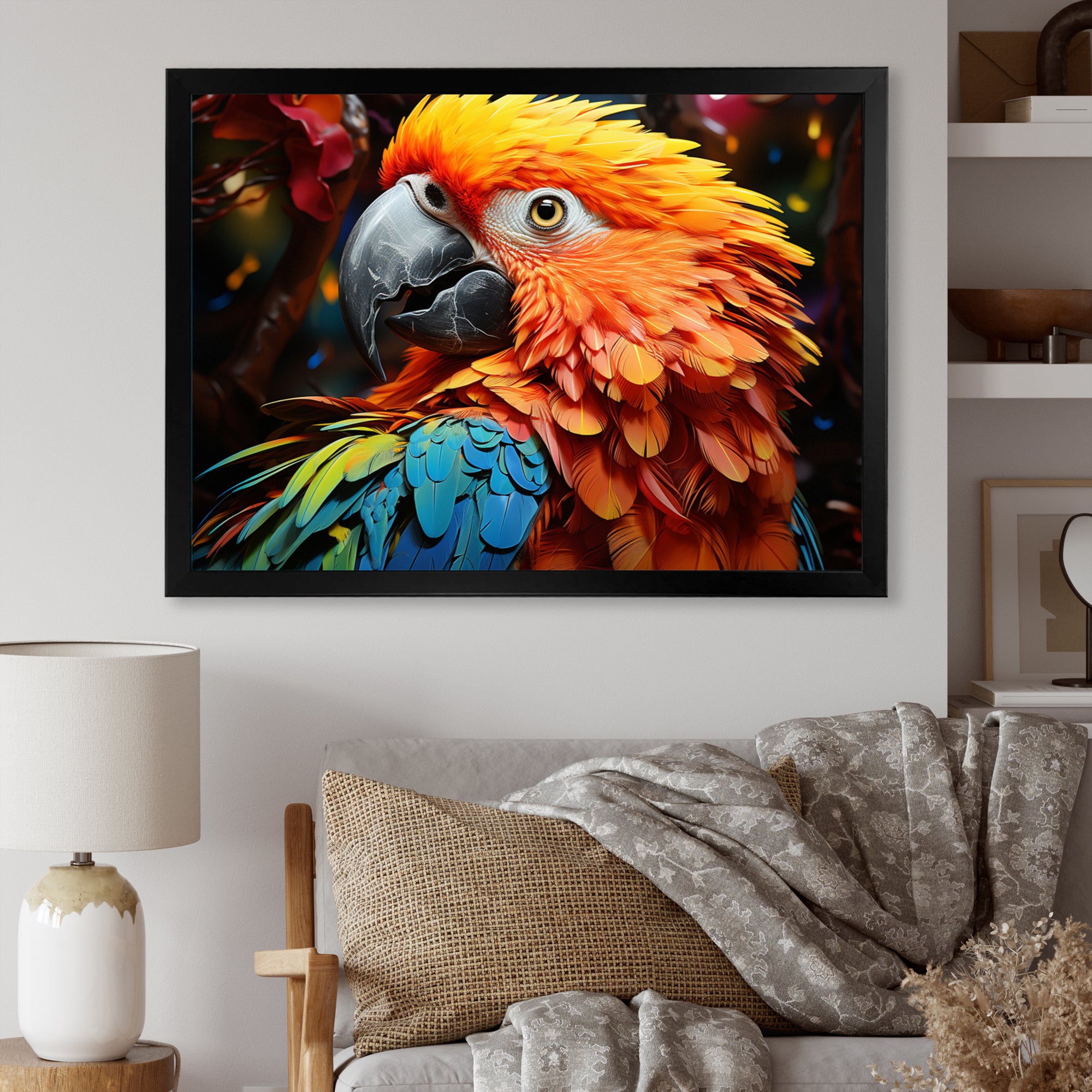 Yellow Red Parrot Vibrant Plumage Geometric - Parrot Living Room Wall Art