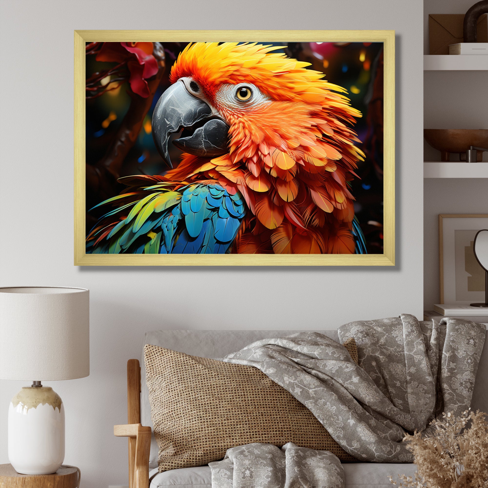 Yellow Red Parrot Vibrant Plumage Geometric - Parrot Living Room Wall Art