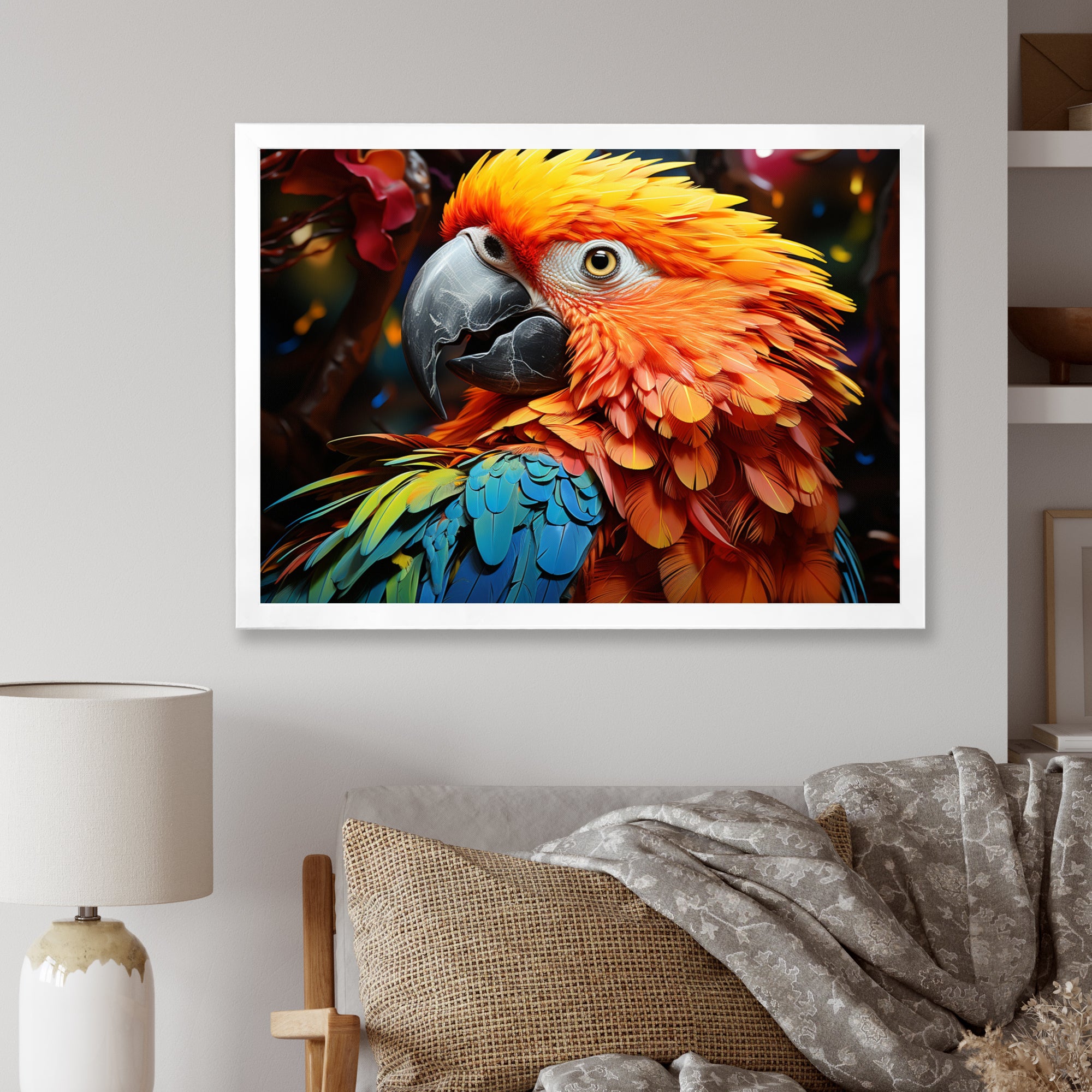 Yellow Red Parrot Vibrant Plumage Geometric - Parrot Living Room Wall Art