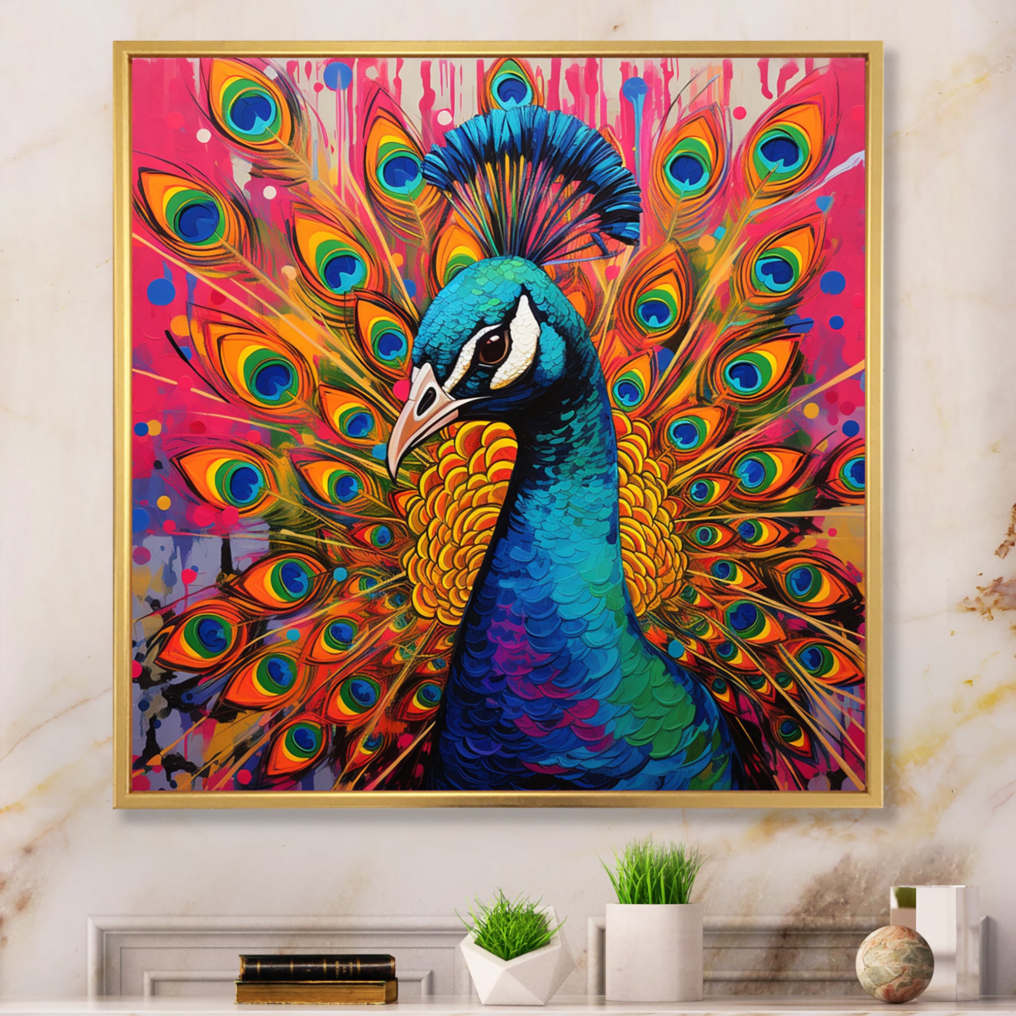 Teal Pink Pop Art Peacock - Peacock Canvas Wall Art