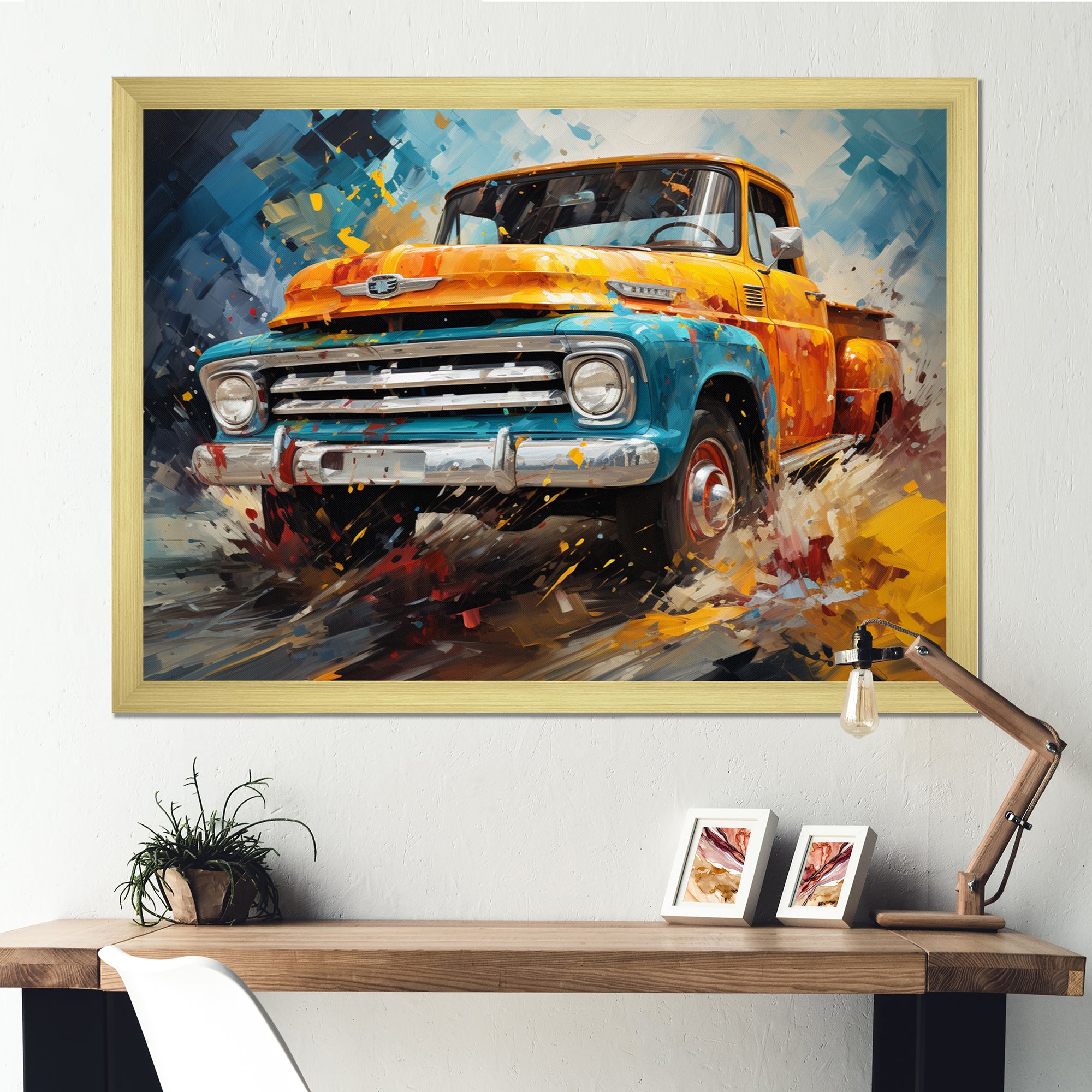 Yellow Pickup Truck Abstract Expressionism - Pickup Truck Canvas Wall Art