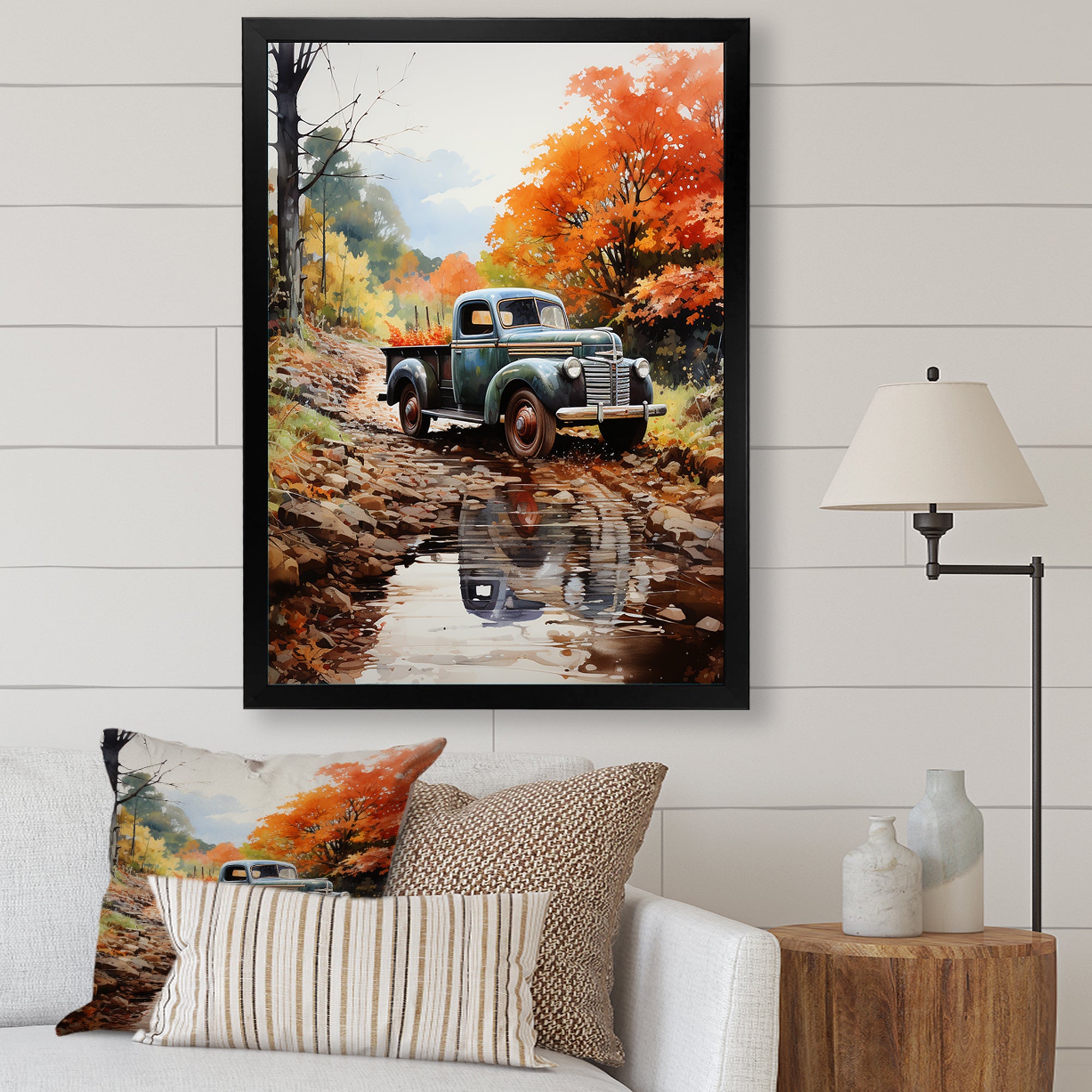 Orange Pickup Truck Autumn Symphony - Pickup Truck Canvas Wall Art