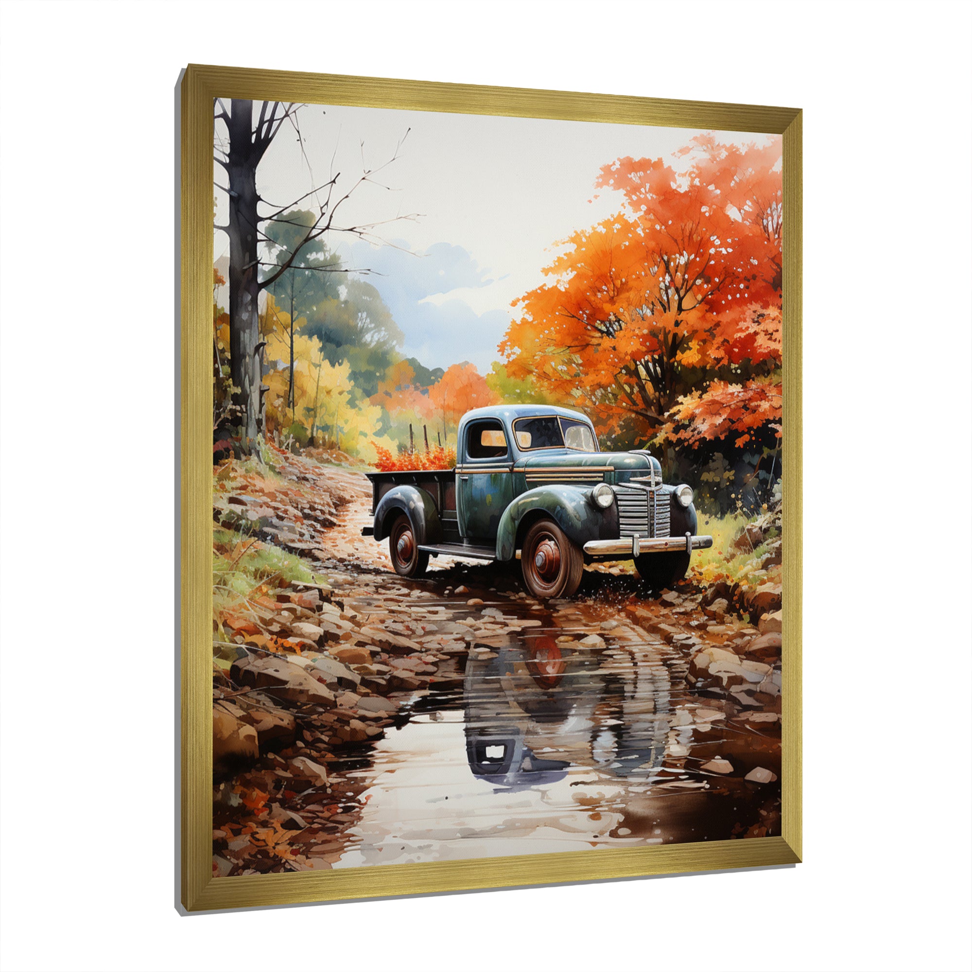 Orange Pickup Truck Autumn Symphony - Pickup Truck Canvas Wall Art