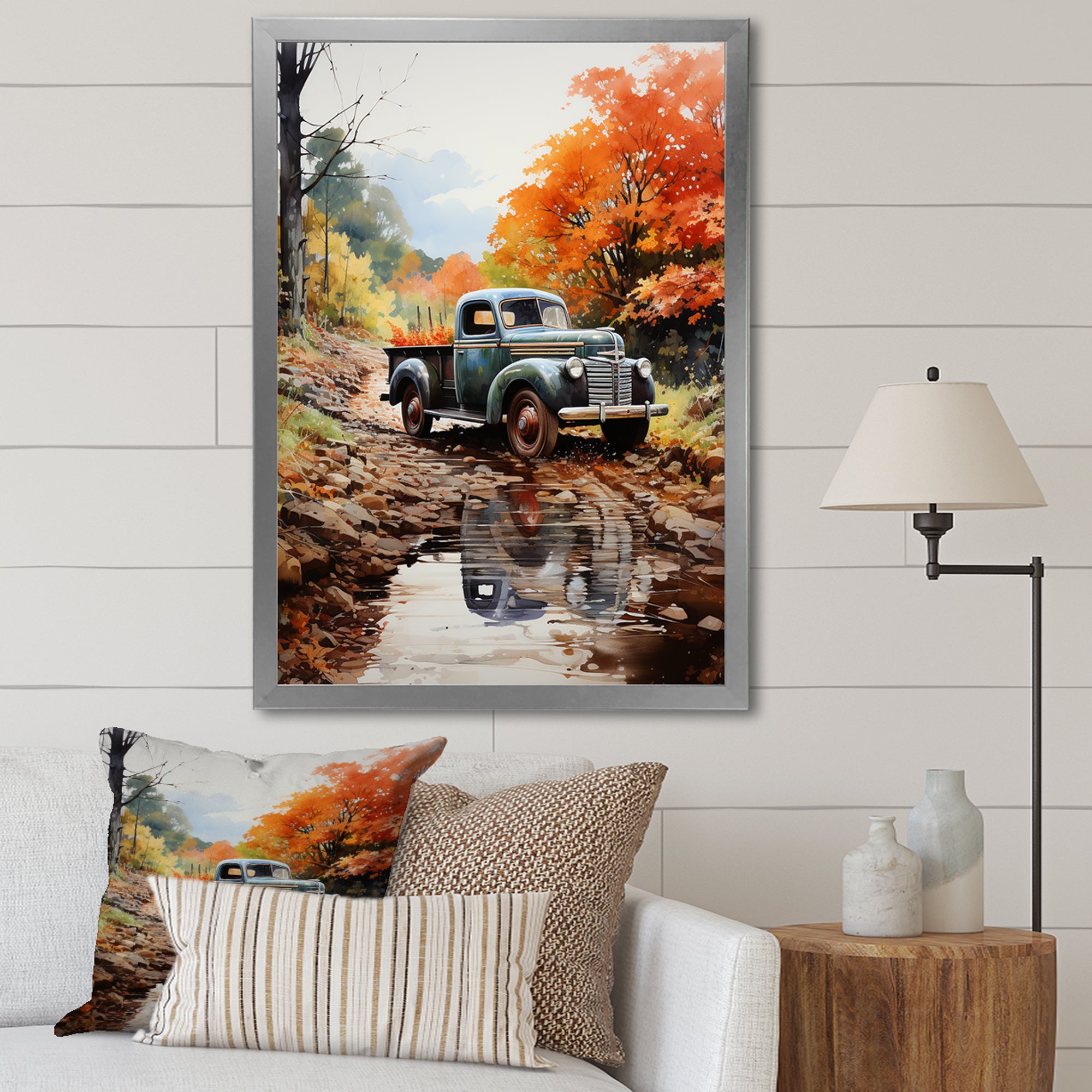 Orange Pickup Truck Autumn Symphony - Pickup Truck Canvas Wall Art