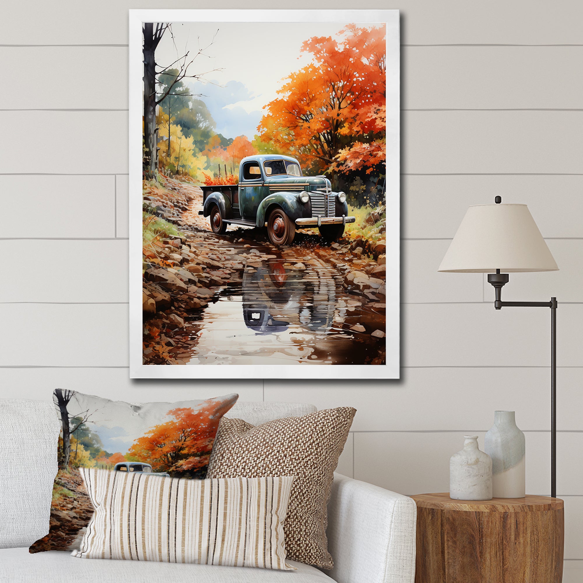 Orange Pickup Truck Autumn Symphony - Pickup Truck Canvas Wall Art
