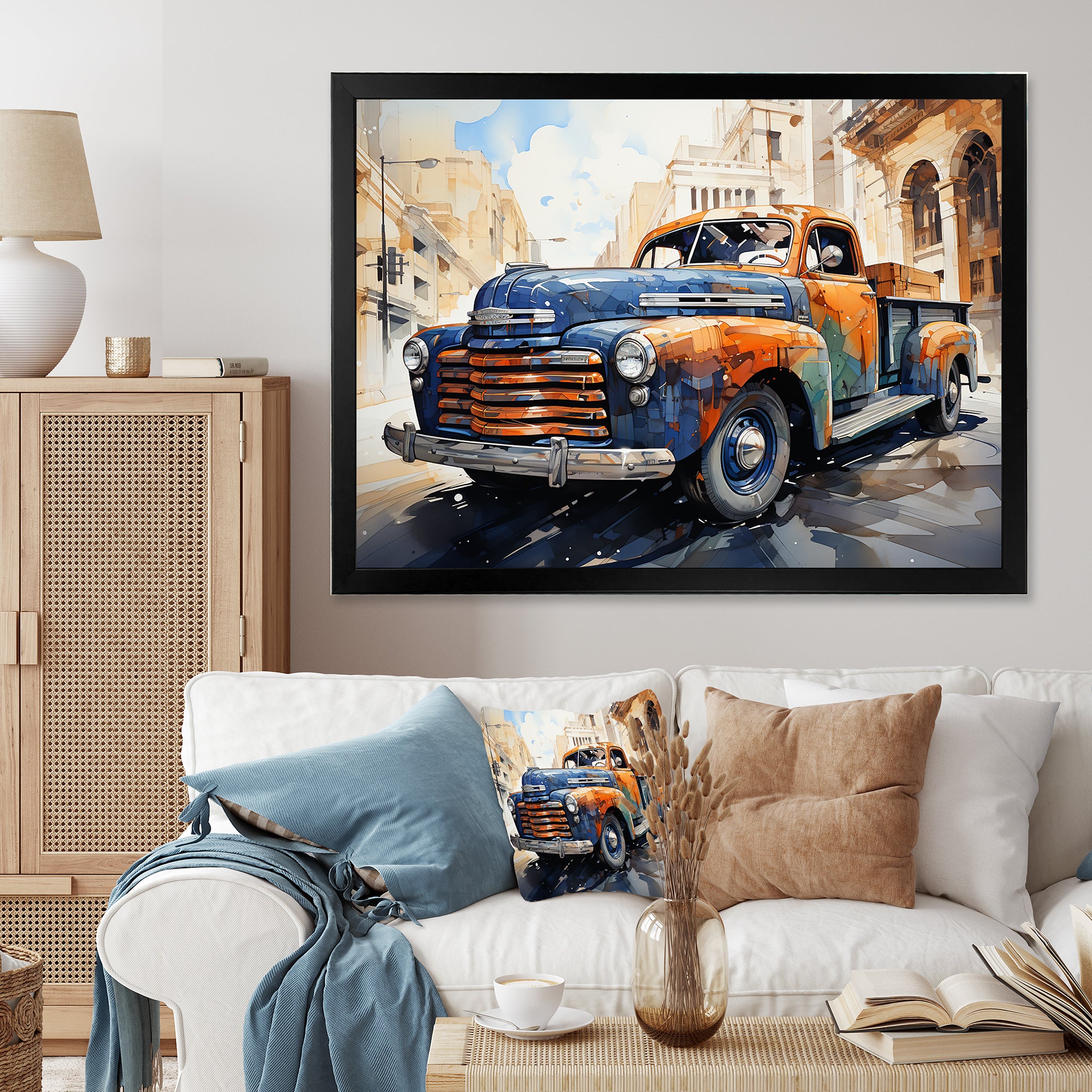 Orange Blue Pickup Truck Bold Contours I - Pickup Truck Canvas Wall Art