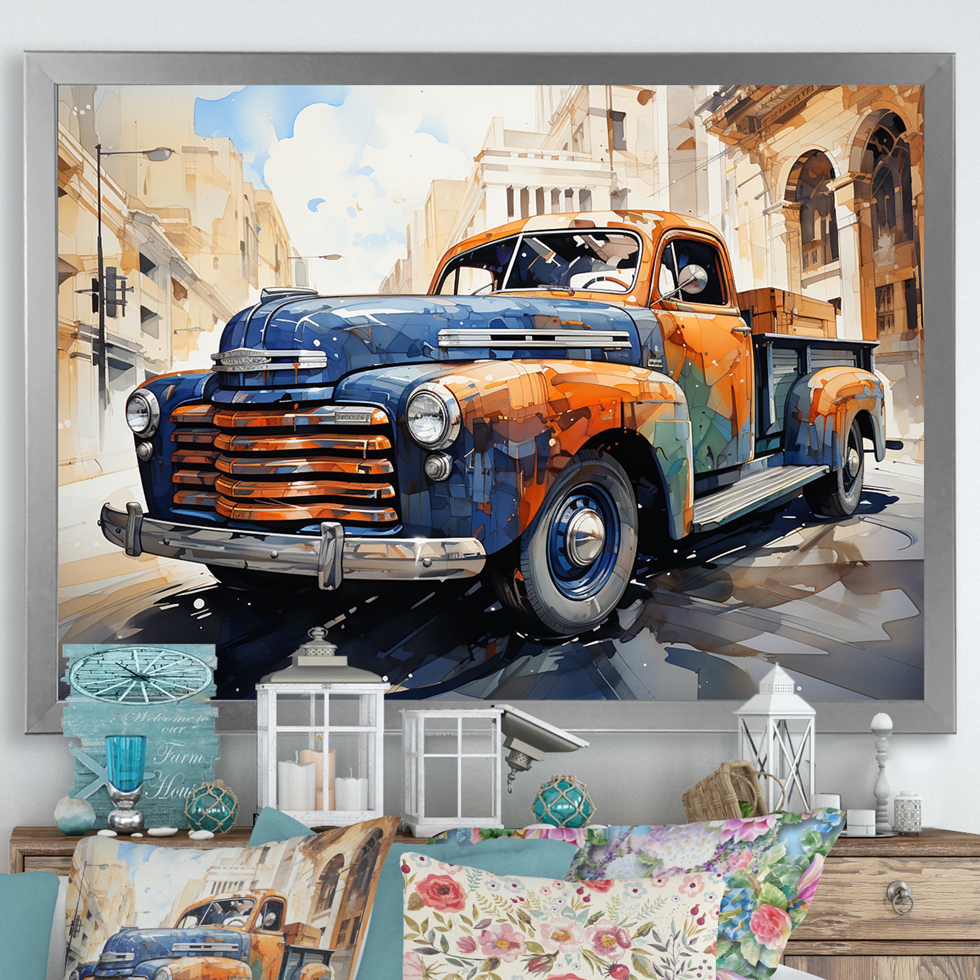 Orange Blue Pickup Truck Bold Contours I - Pickup Truck Canvas Wall Art